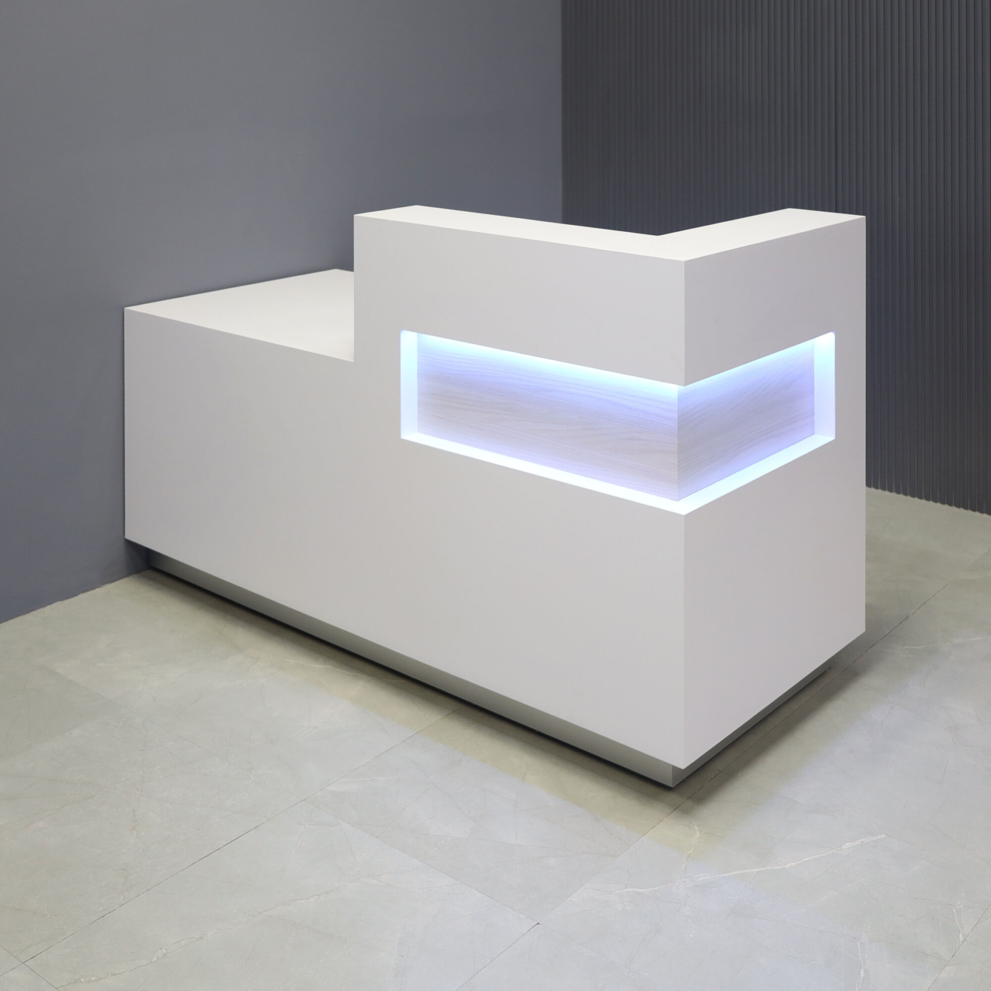 72-inch Manhattan ADA Compliant Custom Reception Desk in white matte laminate main desk, field elm matte laminate accent, brushed aluminum laminate toe-kick, and warm white LED.