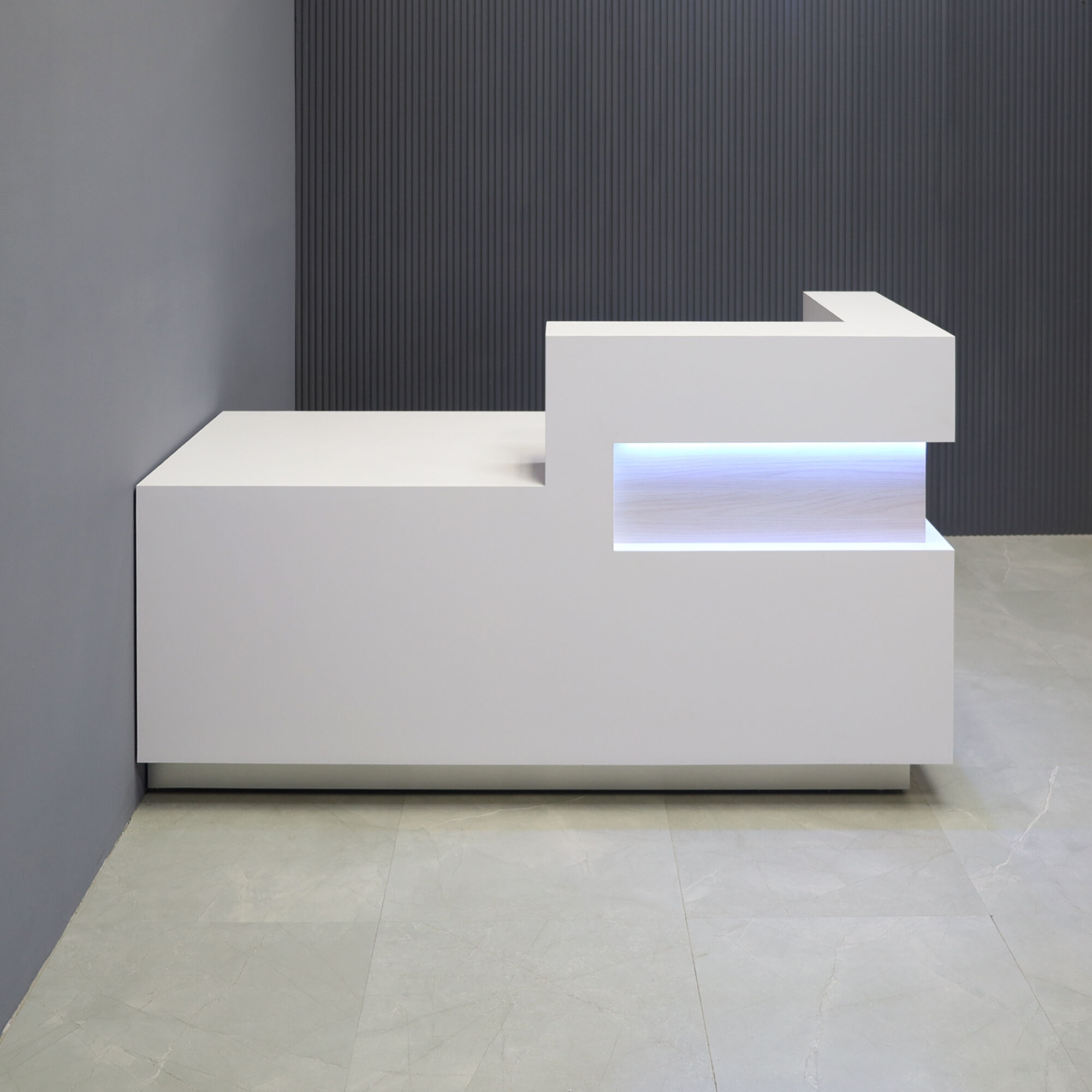 72-inch Manhattan ADA Compliant Custom Reception Desk in white matte laminate main desk, field elm matte laminate accent, brushed aluminum laminate toe-kick, and warm white LED.