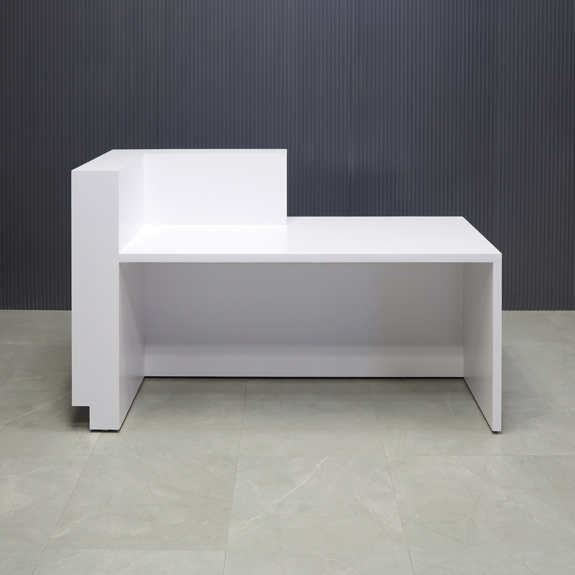 72-inch Manhattan ADA Reception Desk with white matte laminate main desk,  field elm matte laminate accent, brushed aluminum toe-kick, and color LED.