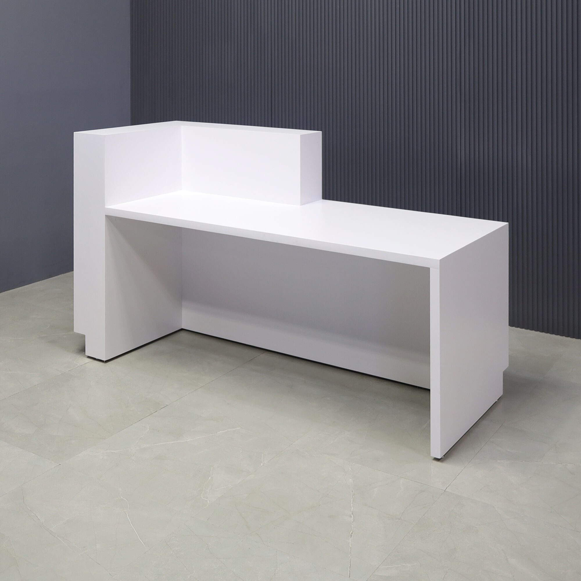 72-inch Manhattan ADA Compliant Custom Reception Desk in white matte laminate main desk, field elm matte laminate accent, brushed aluminum laminate toe-kick, and warm white LED.