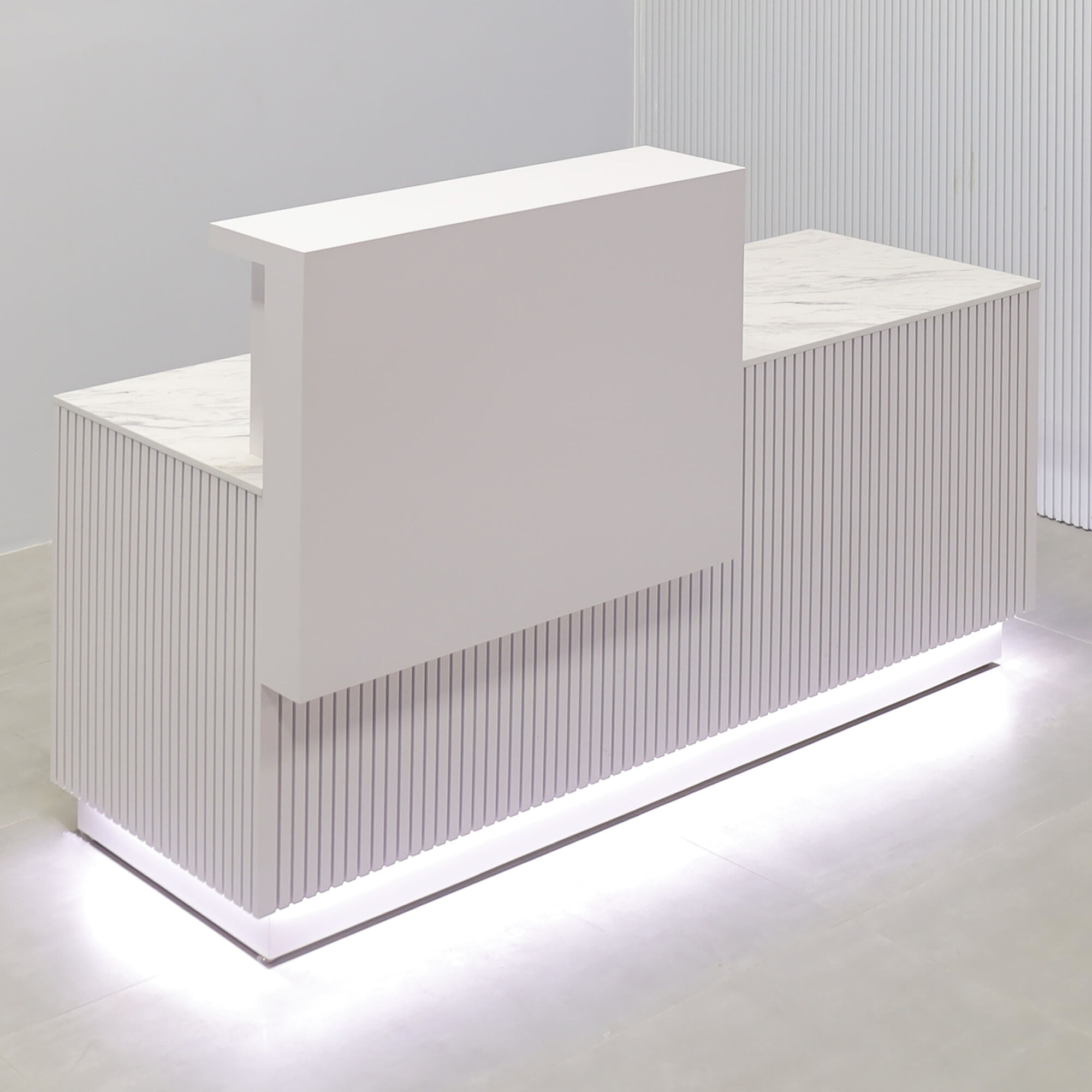 72-inch Los Angeles Reception Desk with  white matte laminate counter & toe-kick, white matte tambour with natural mdf desk, calcutta stone engineered surface desk top.