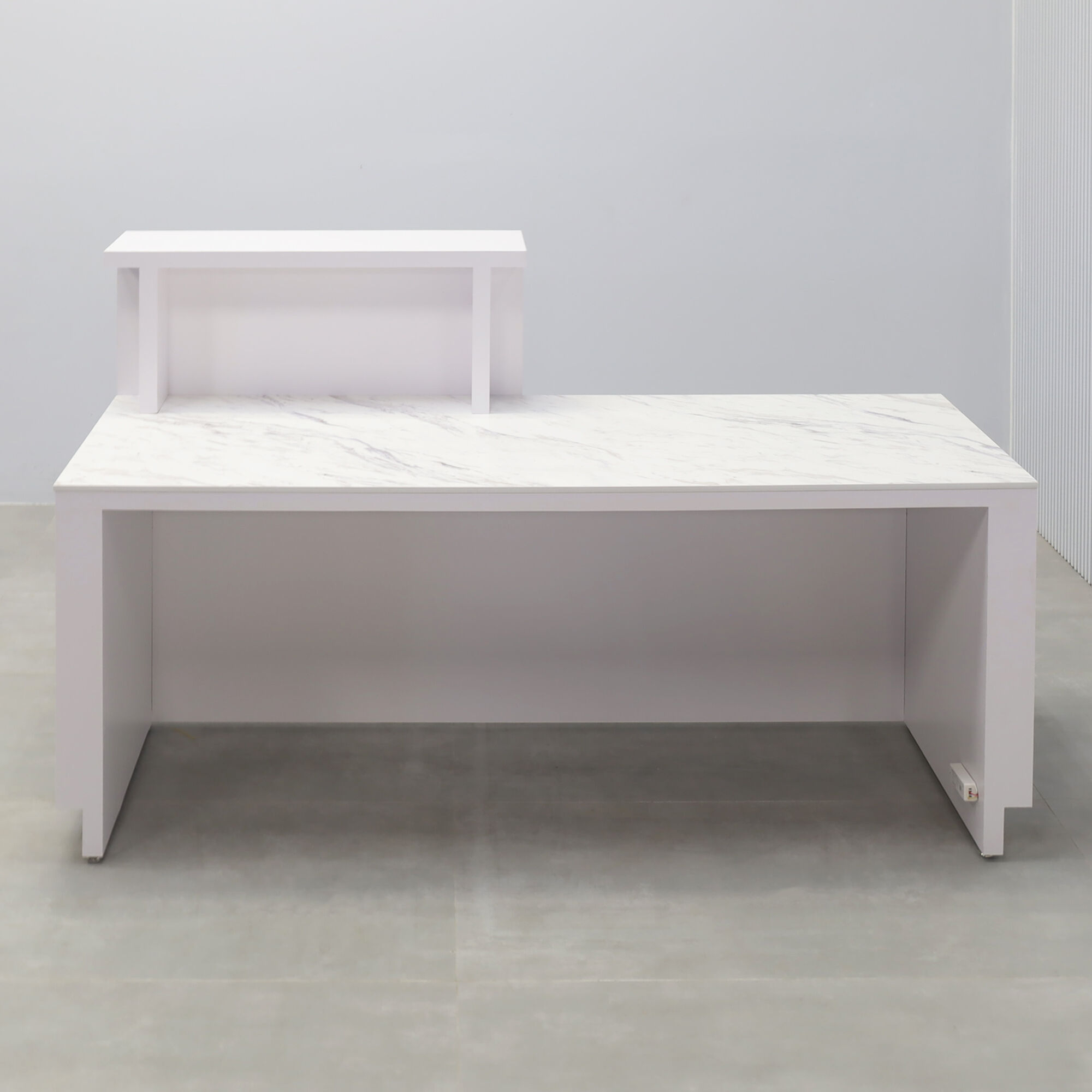 72-inch Los Angeles Reception Desk with  white matte laminate counter & toe-kick, white matte tambour with natural mdf desk, calcutta stone engineered surface desk top.