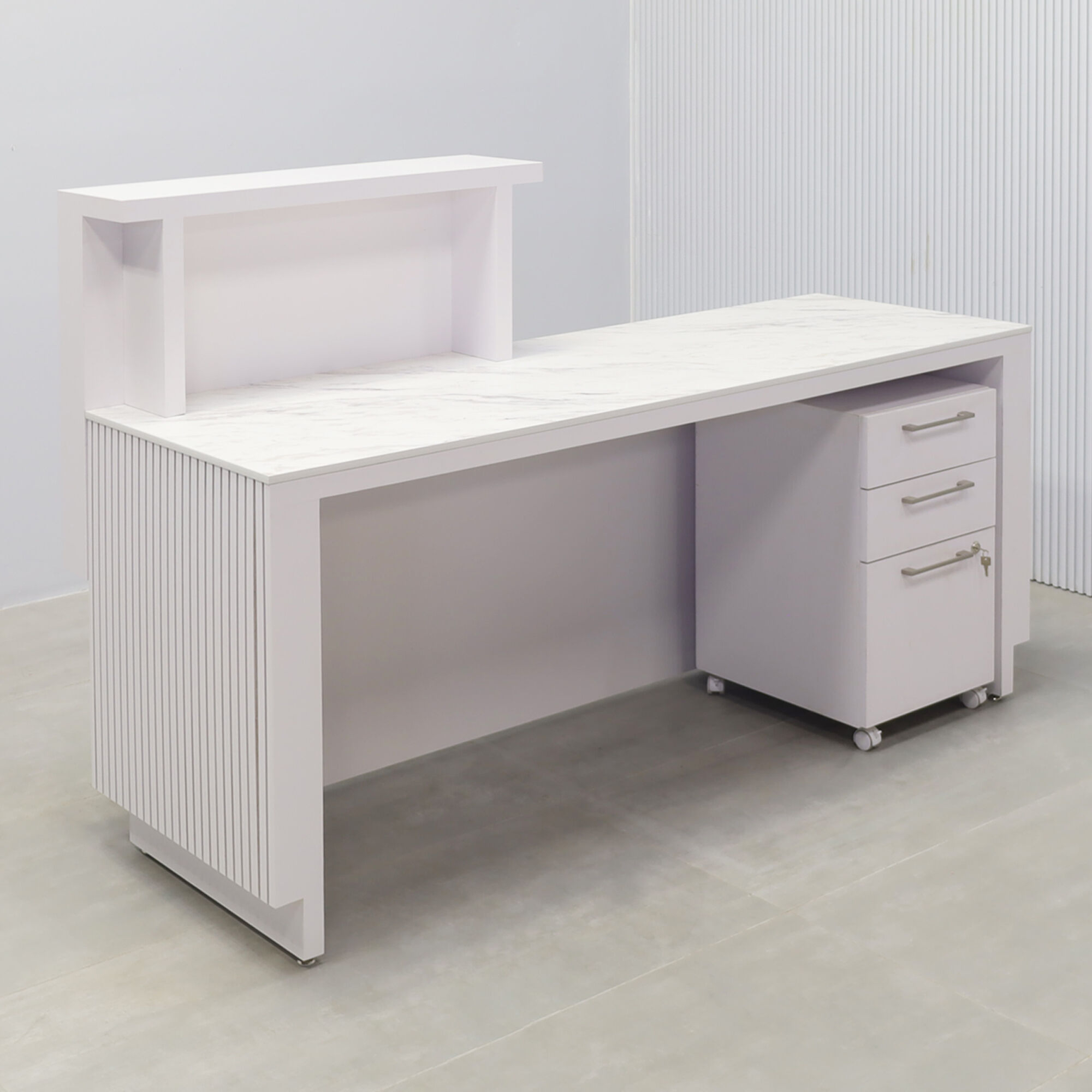 72-inch Los Angeles Reception Desk with  white matte laminate counter & toe-kick, white matte tambour with natural mdf desk, calcutta stone engineered surface desk top.