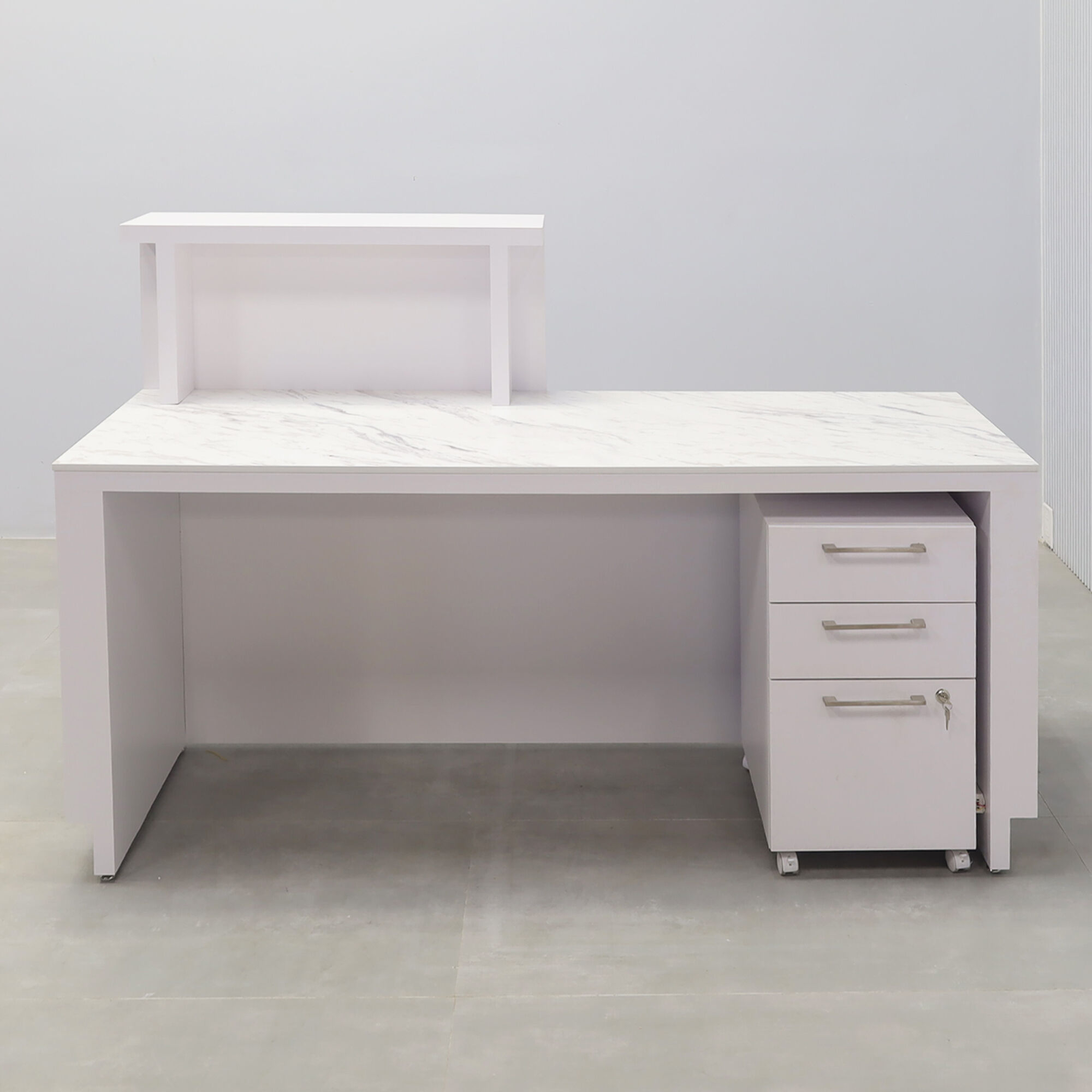 72-inch Los Angeles Reception Desk with  white matte laminate counter & toe-kick, white matte tambour with natural mdf desk, calcutta stone engineered surface desk top.