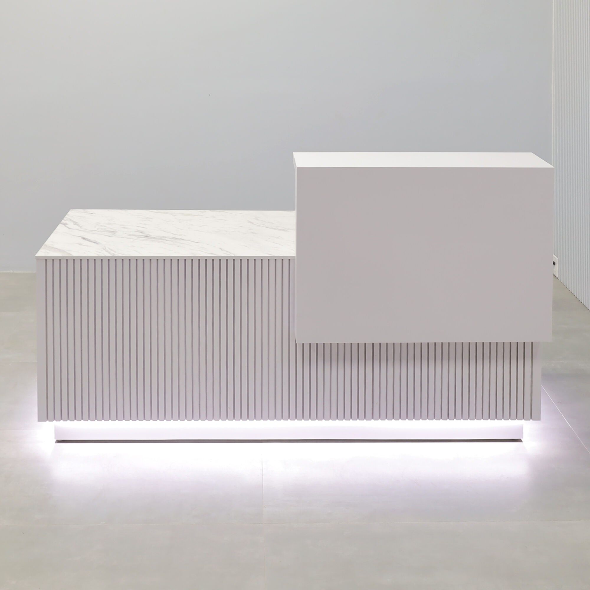 72-inch Los Angeles Reception Desk with  white matte laminate counter & toe-kick, white matte tambour with natural mdf desk, calcutta stone engineered surface desk top.