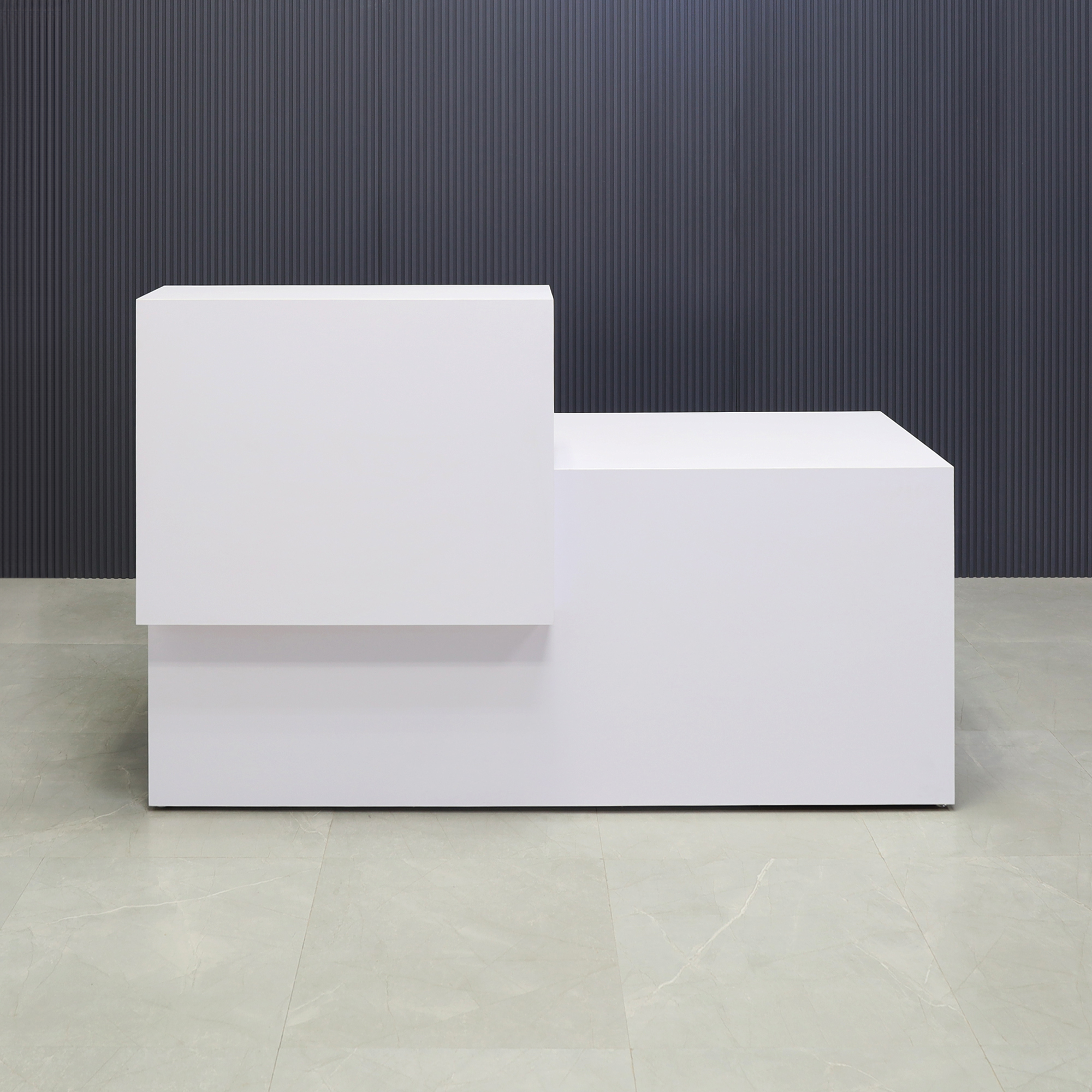 72-inch Los Angeles Reception Desk, left side counter when facing front, in white gloss laminate counter and desk, shown here.