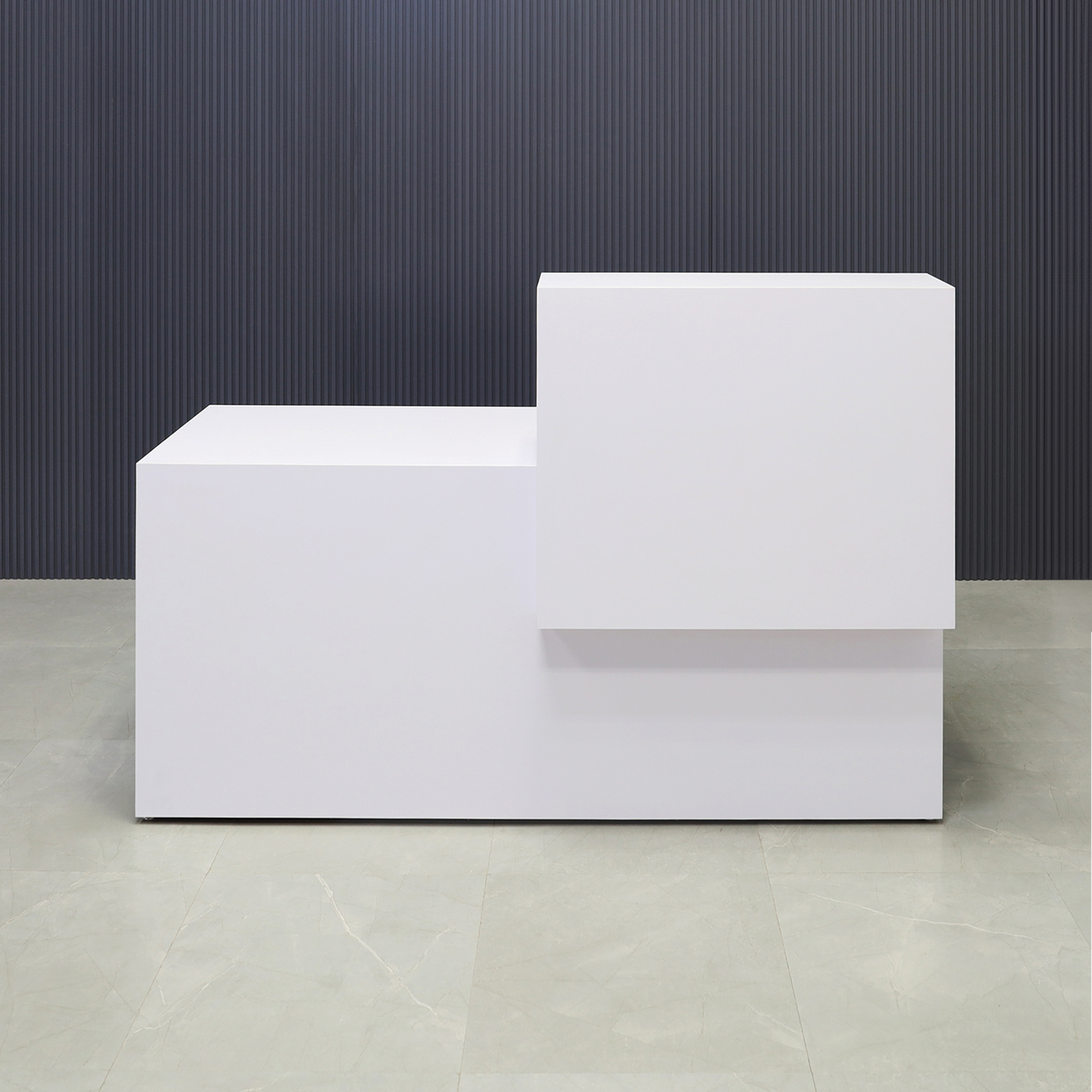 72-inch Los Angeles Reception Desk, right side counter when facing front, in white gloss laminate counter and desk, shown here.