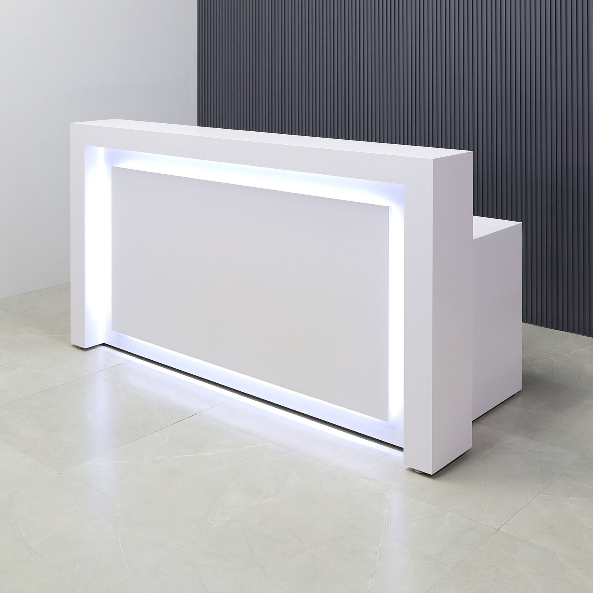 72-inch New York Straight Reception Desk with white matte laminate main desk, front panel, and accent recessed.