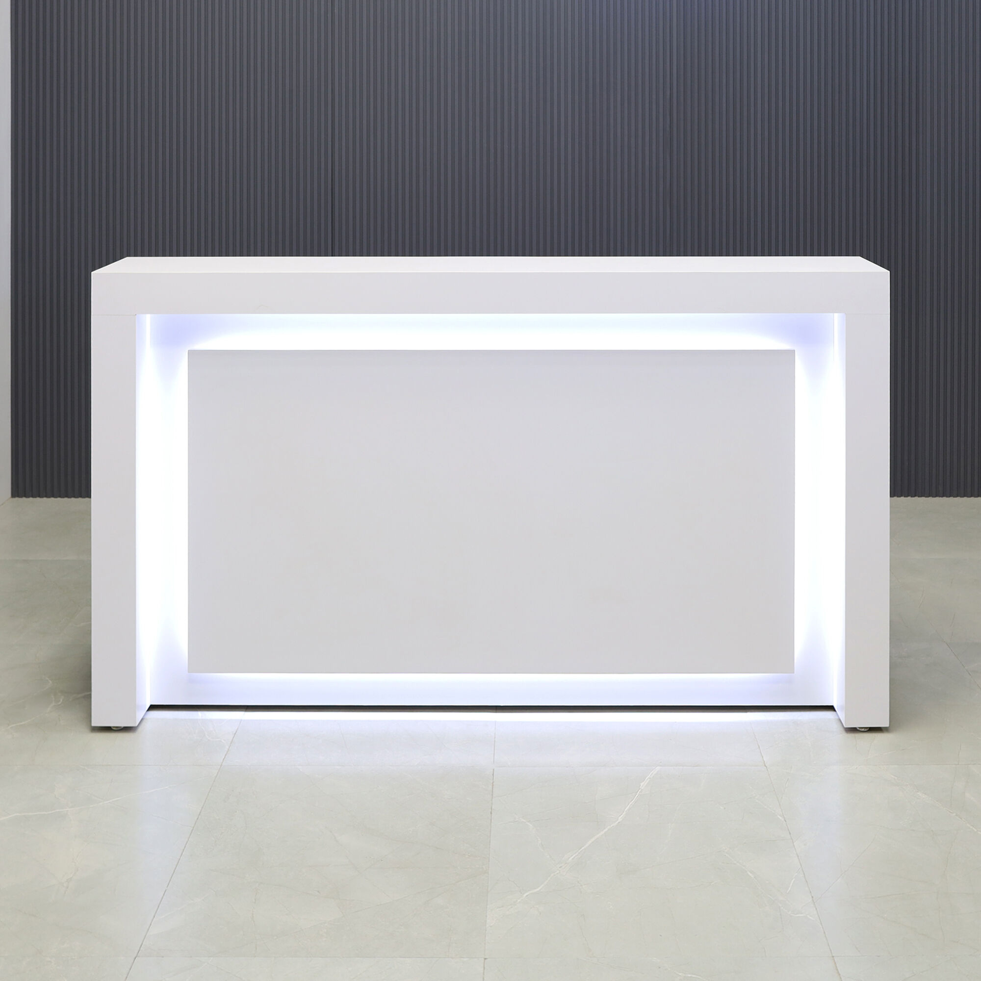 72-inch New York Straight Reception Desk with white matte laminate main desk, front panel, and accent recessed.