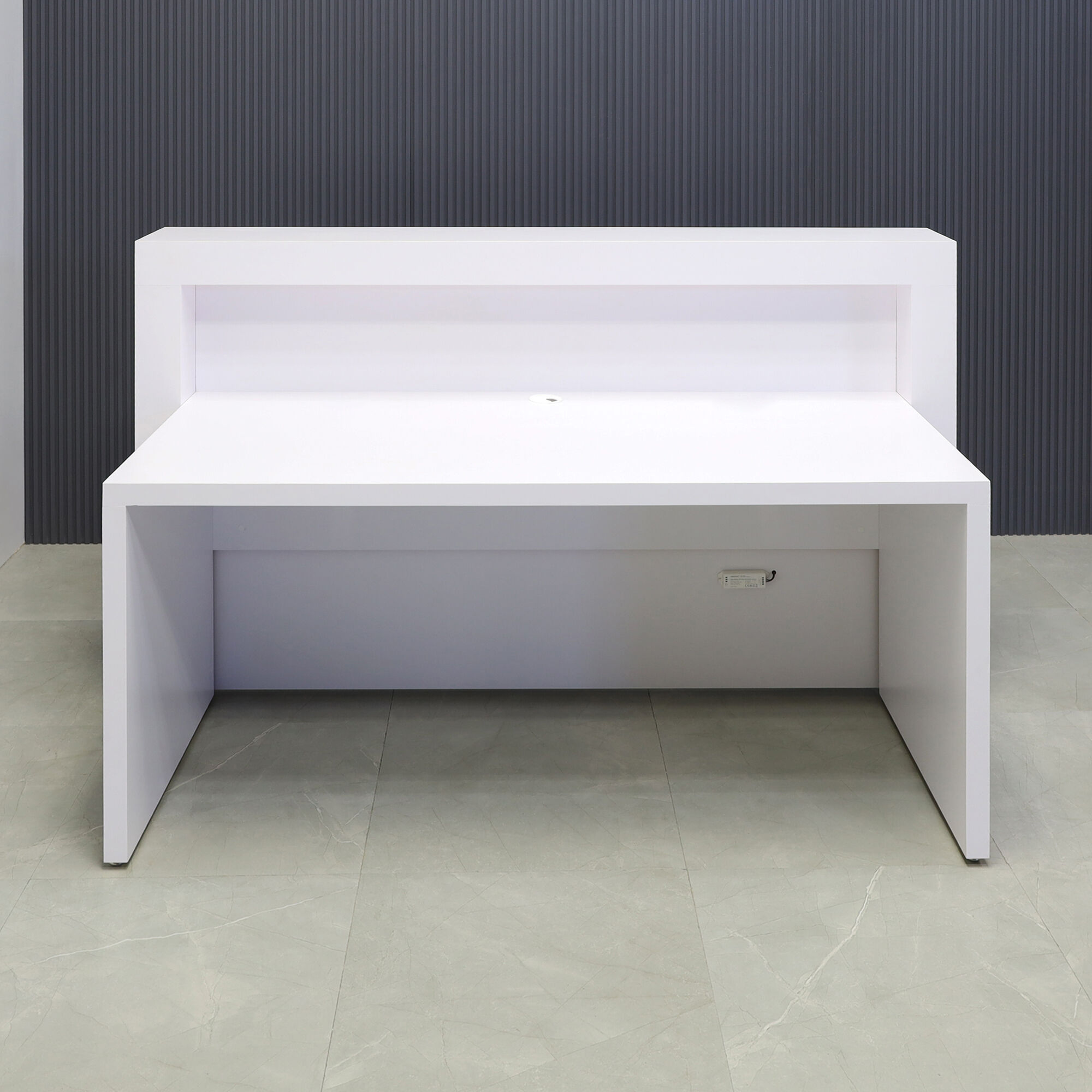 72-inch New York Straight Reception Desk with white matte laminate main desk, front panel, and accent recessed.