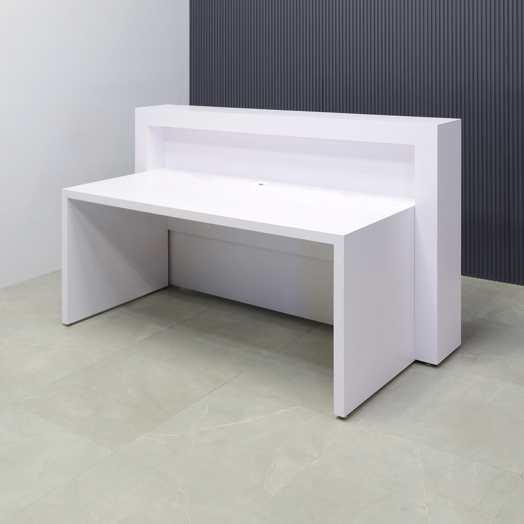 72-inch New York Straight Reception Desk with white matte laminate main desk, front panel, and accent recessed.