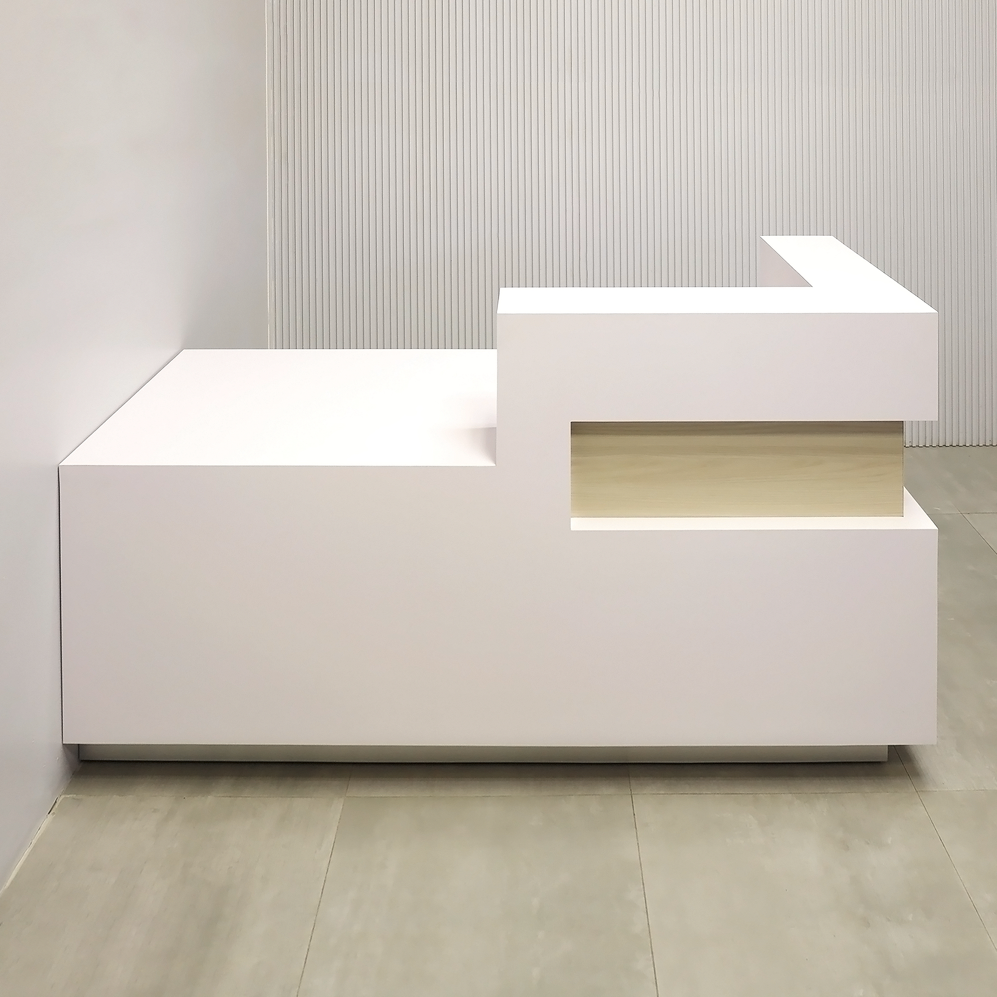 72-inch Manhattan ADA Reception Desk with White Matte laminate main desk, Field Elm laminate (Special) main desk, Brushed Aluminum toe-kick, and Colored LED.
