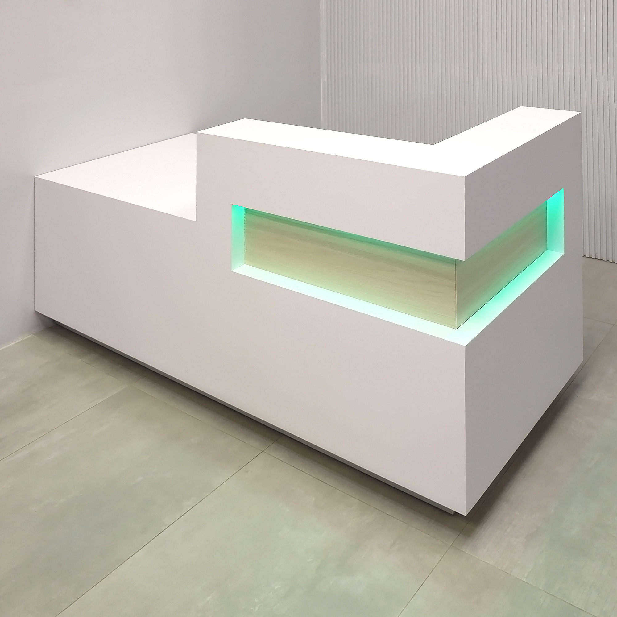 72-inch Manhattan ADA Reception Desk with White Matte laminate main desk, Field Elm laminate (Special) main desk, Brushed Aluminum toe-kick, and Colored LED.