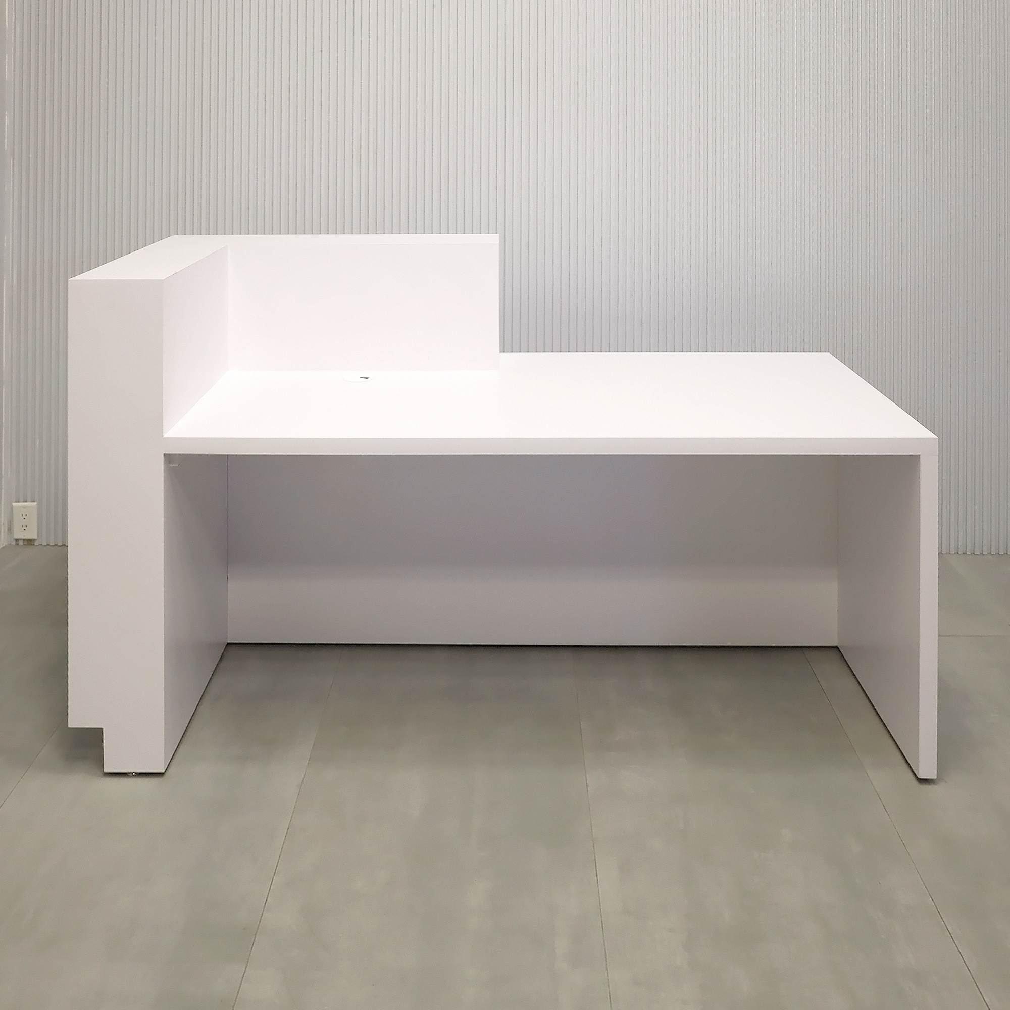 72-inch Manhattan ADA Reception Desk with White Matte laminate main desk, Field Elm laminate (Special) main desk, Brushed Aluminum toe-kick, and Colored LED.