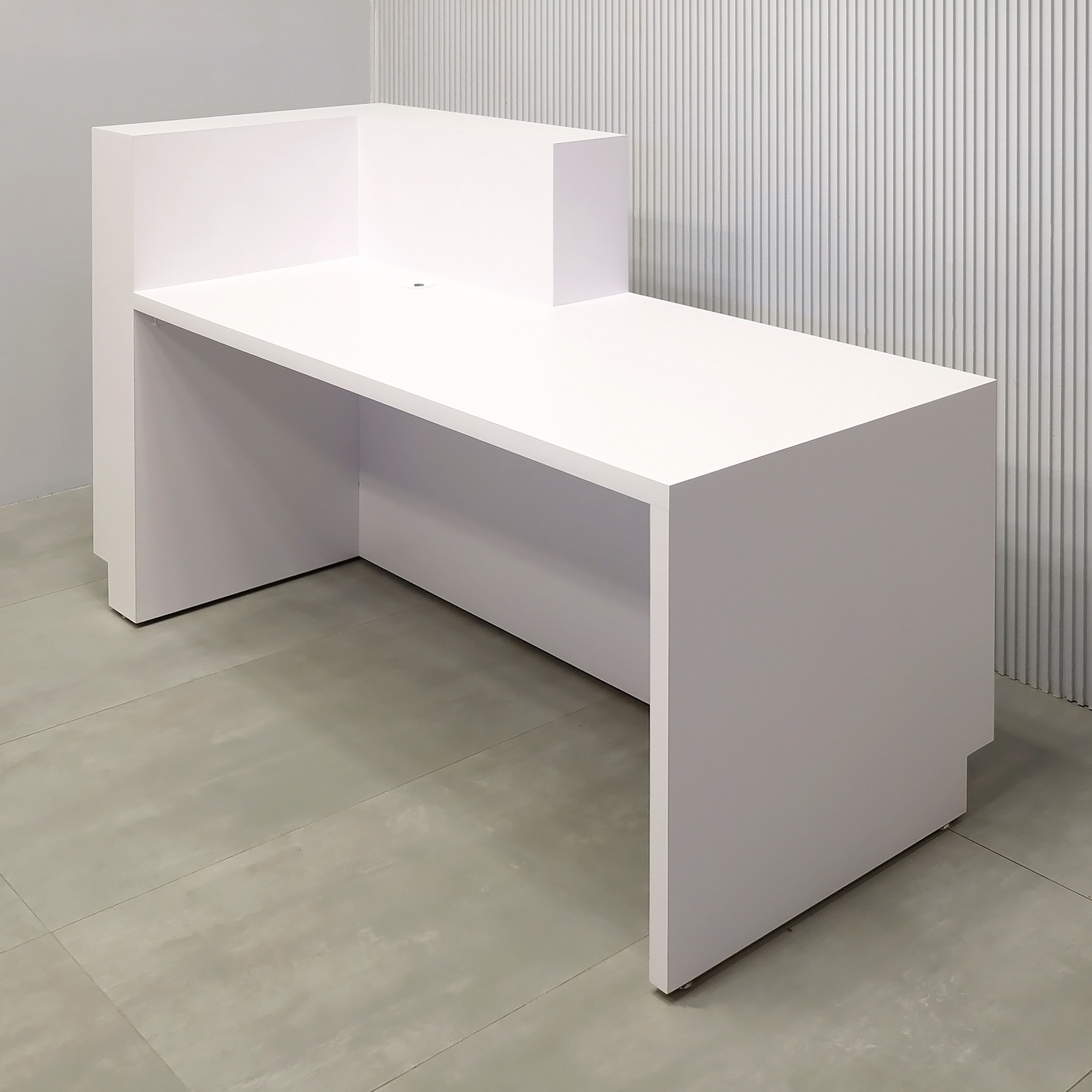 72-inch Manhattan ADA Reception Desk with White Matte laminate main desk, Field Elm laminate (Special) main desk, Brushed Aluminum toe-kick, and Colored LED.