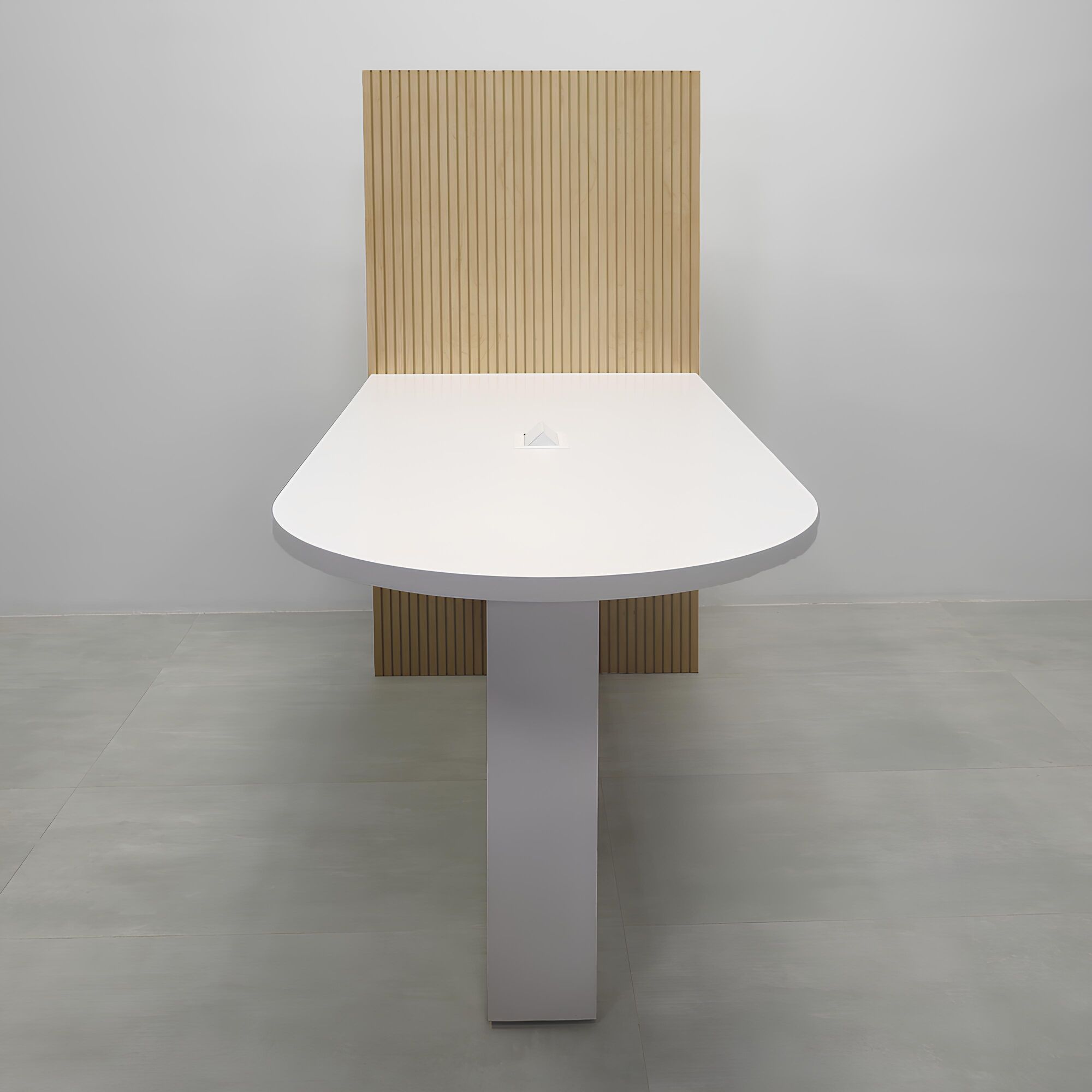 72-inch Westing Collaboration Table with White Matte laminate top & base, Maple Veneer tambour (Discontinued) wall, and Mx2 in white.