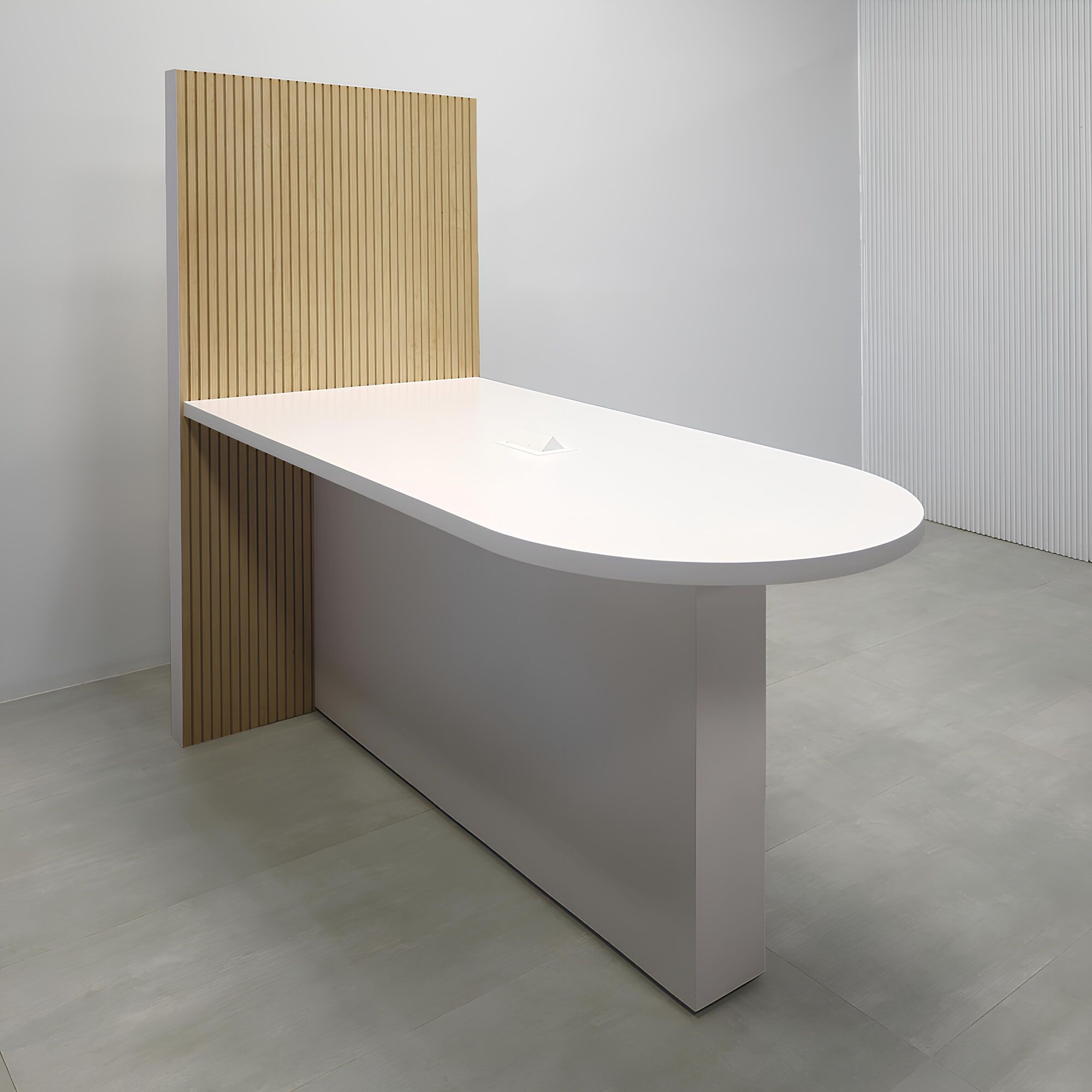 72-inch Westing Collaboration Table with White Matte laminate top & base, Maple Veneer tambour (Discontinued) wall, and Mx2 in white.