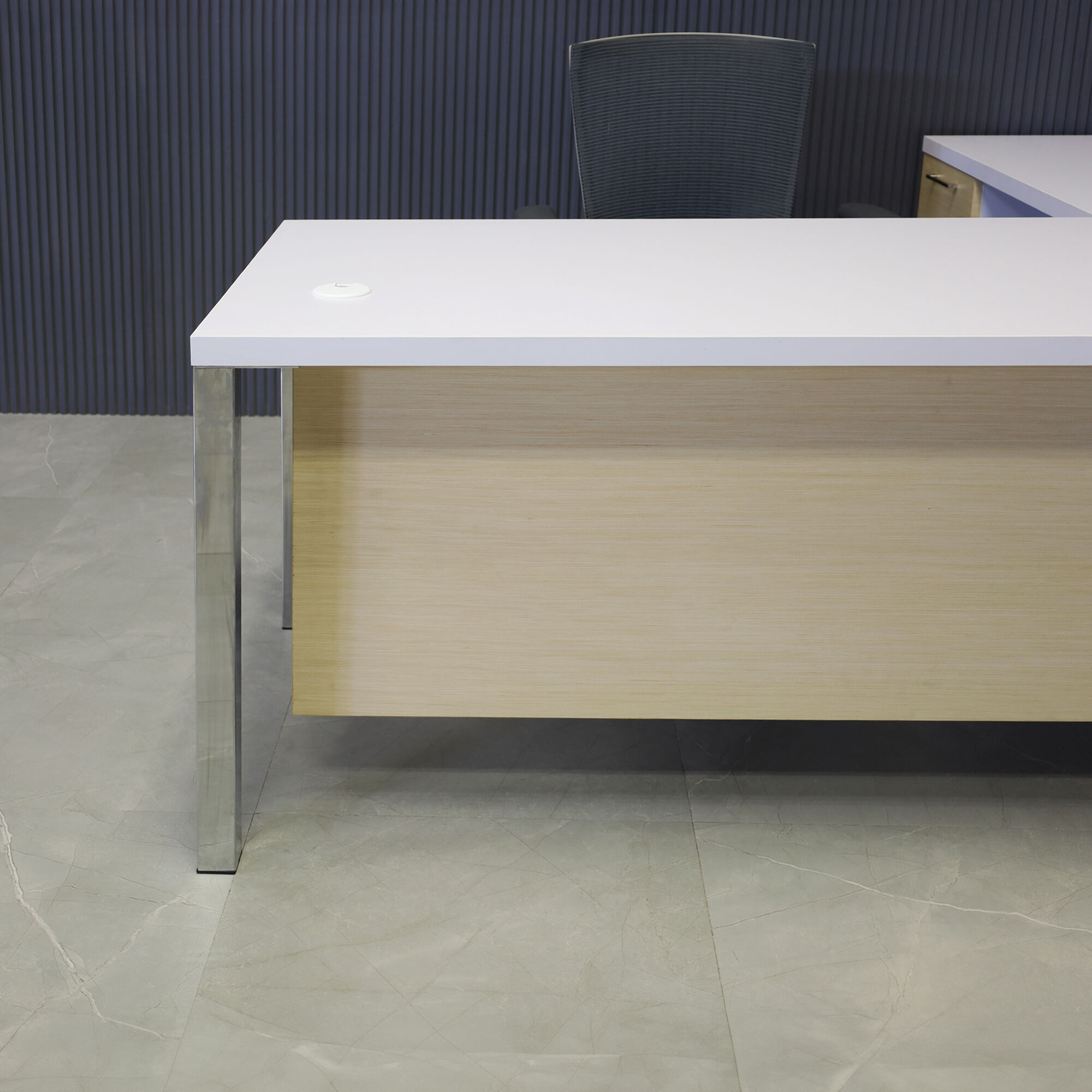 72-inch Dallas L-Shape Executive Desk W/ Cabinet in white matte laminate top and cabinet, maple veneer front drawers and privacy panel with chromed legs.