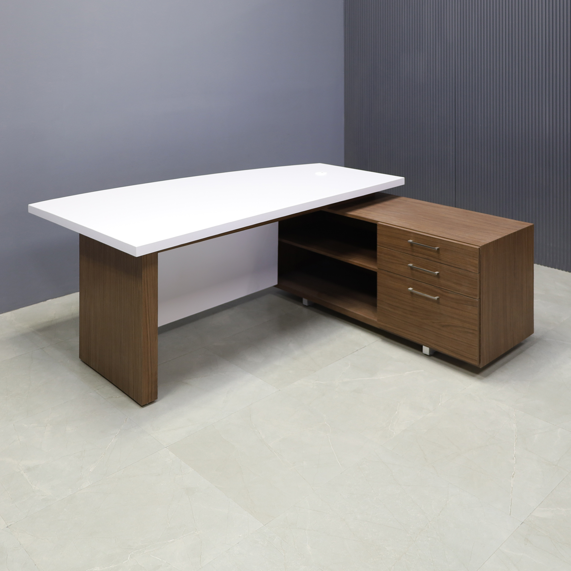 72-inch Avenue Curved Executive Desk W/ Credenza on right side when sitting, in white matte laminate top and privacy panel, with walnut heights matte laminate on the base, leg and credenza shown here.