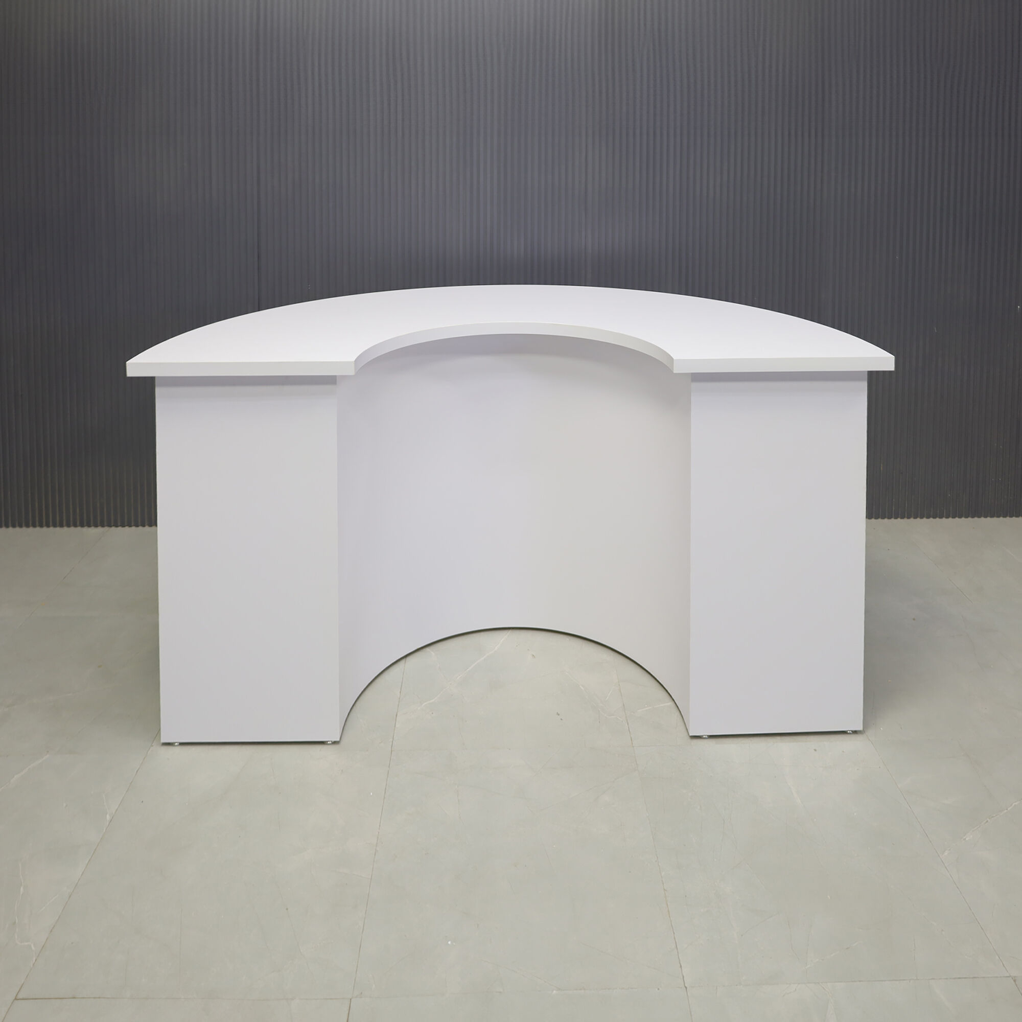 72-inch Handmade Custom Modern Podcast Table Half Moon in white matte laminate top, front & back base.