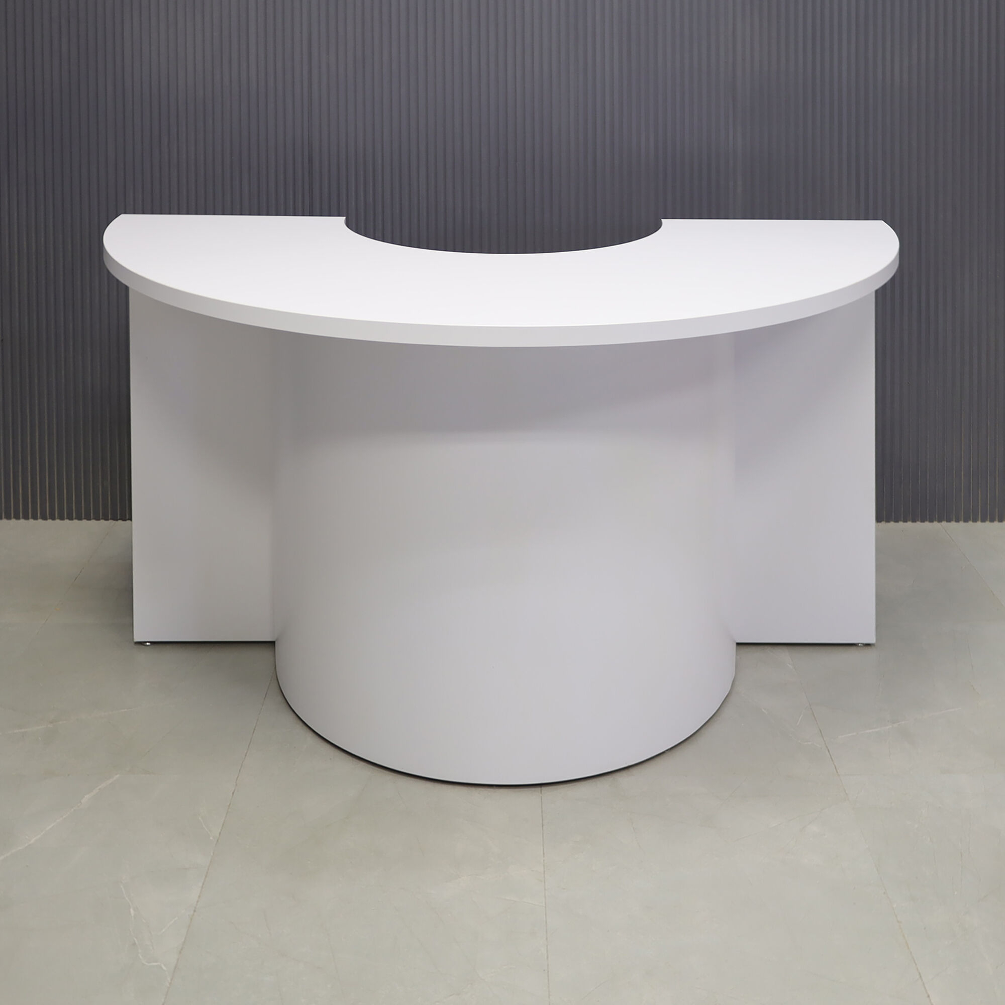 72-inch Handmade Custom Modern Podcast Table Half Moon in white matte laminate top, front & back base.