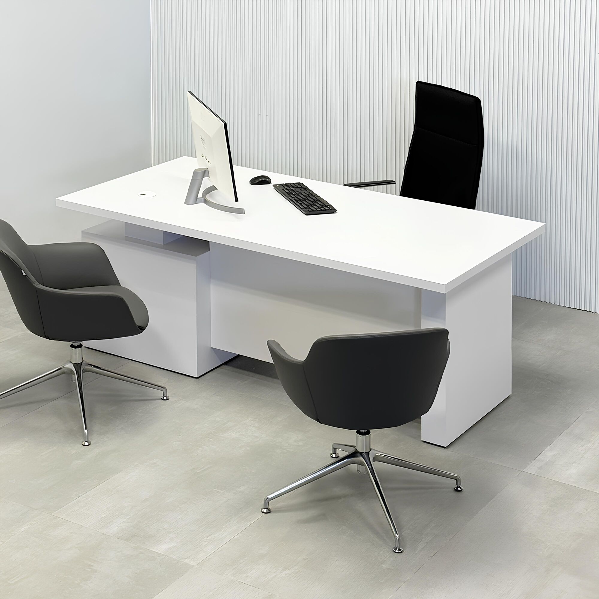 72-inch Avenue Straight Laminate Executive Desk with Sit-Stand Mechanism with white matte laminate top, white matte laminate base, white matte laminate privacy panel, and sit-stand mechanism.