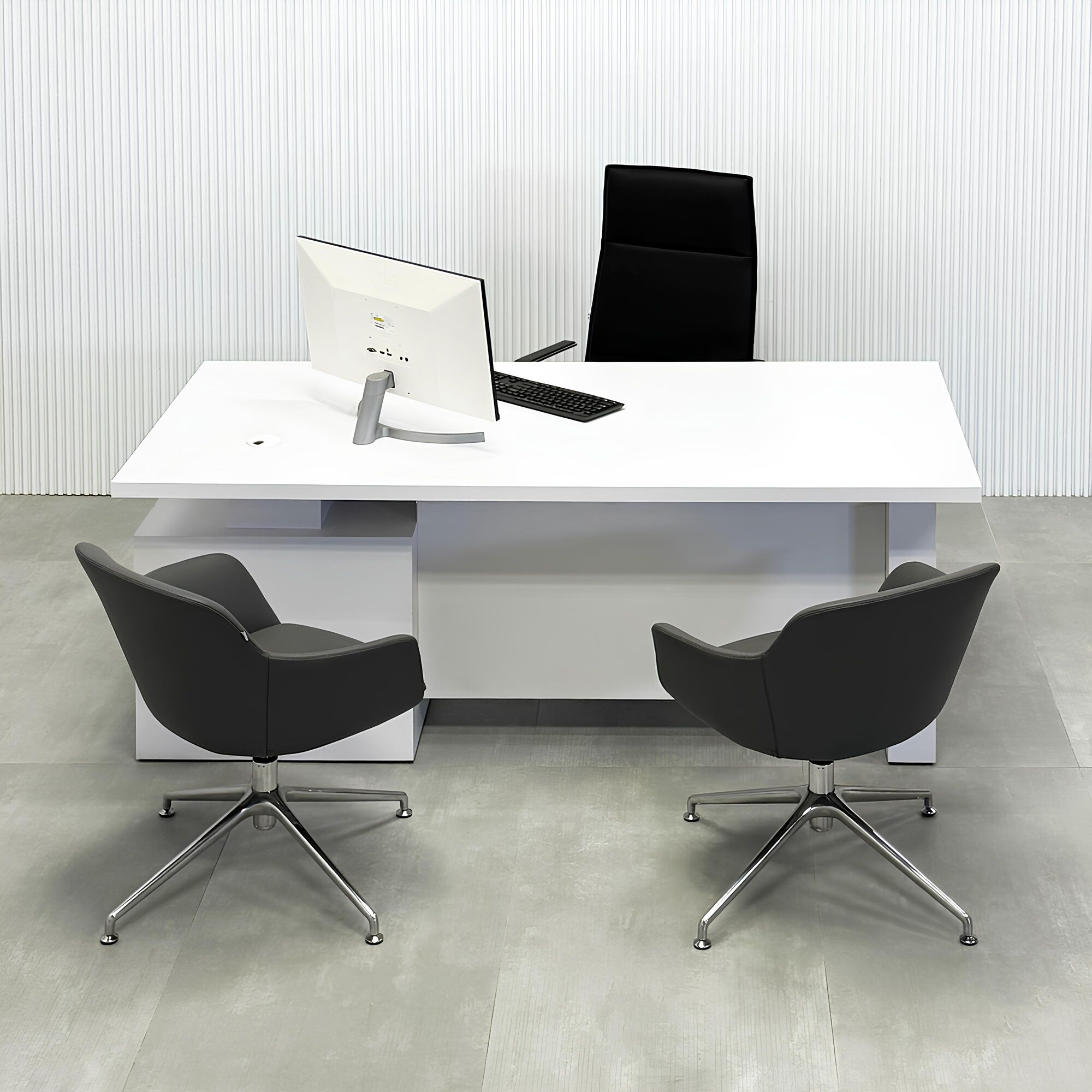 72-inch Avenue Straight Laminate Executive Desk with Sit-Stand Mechanism with white matte laminate top, white matte laminate base, white matte laminate privacy panel, and sit-stand mechanism.