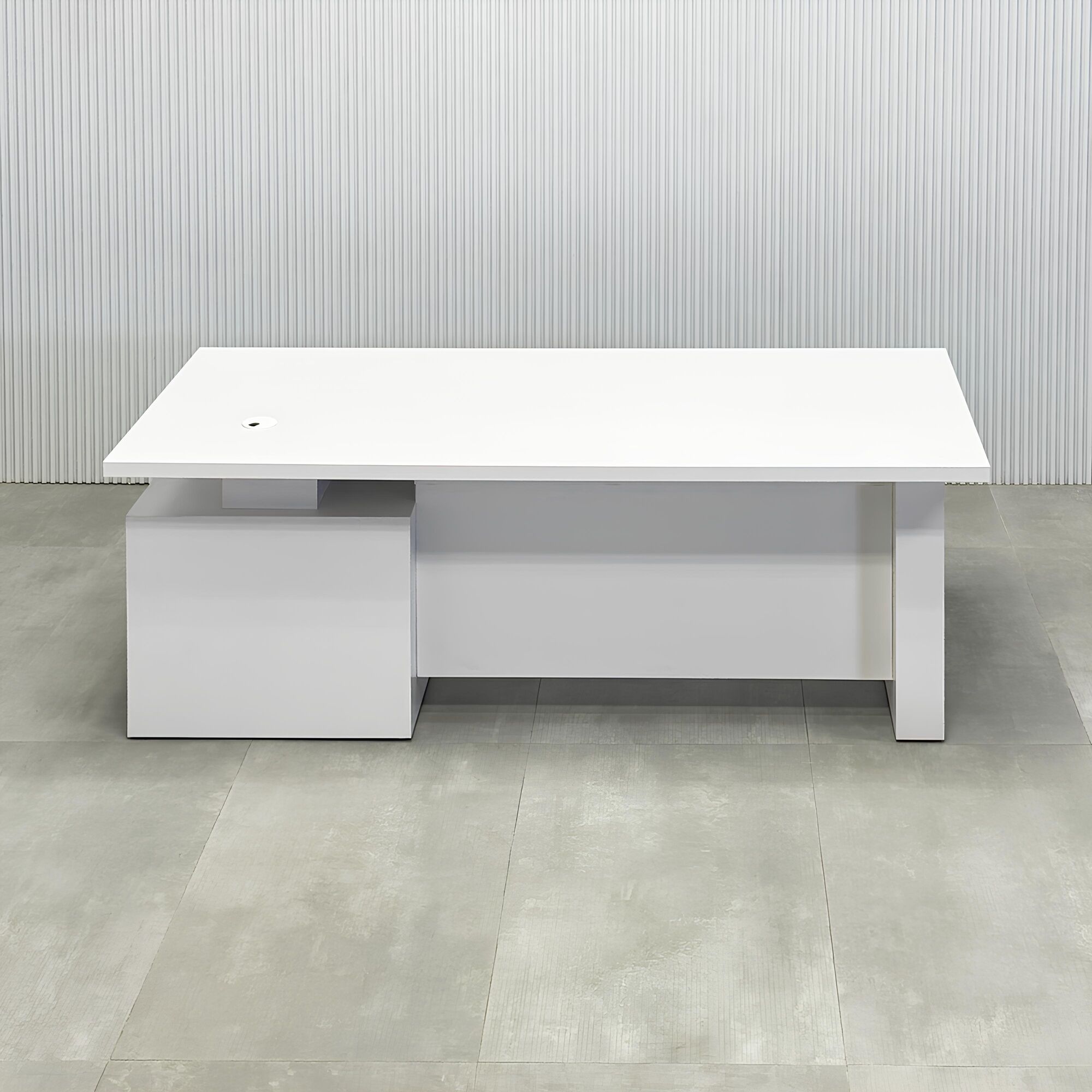 72-inch Avenue Straight Laminate Executive Desk with Sit-Stand Mechanism with white matte laminate top, white matte laminate base, white matte laminate privacy panel, and sit-stand mechanism.