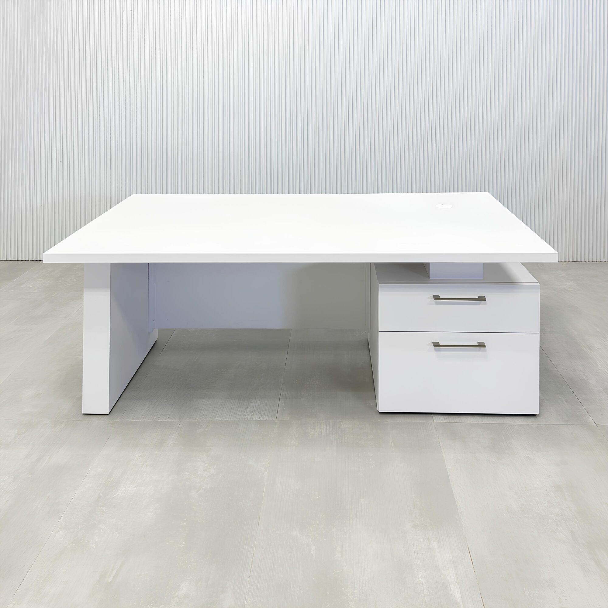 72-inch Avenue Straight Laminate Executive Desk with Sit-Stand Mechanism with white matte laminate top, white matte laminate base, white matte laminate privacy panel, and sit-stand mechanism.