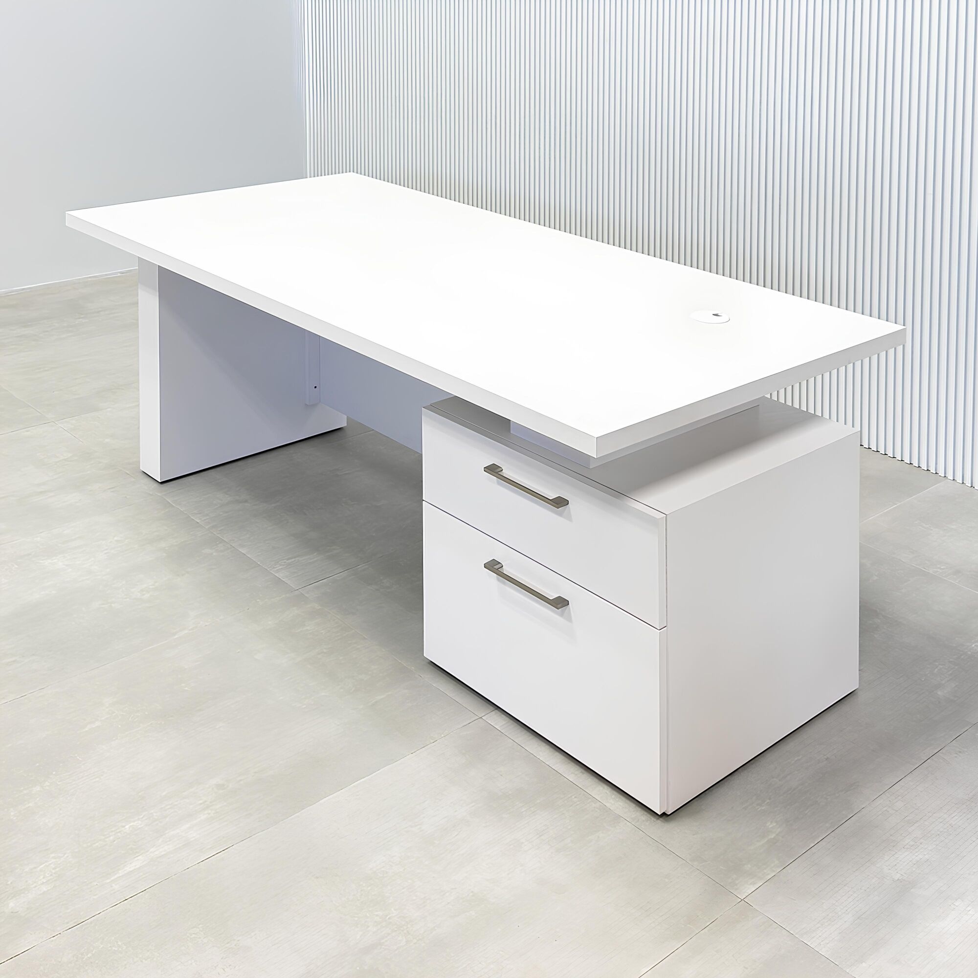 72-inch Avenue Straight Laminate Executive Desk with Sit-Stand Mechanism with white matte laminate top, white matte laminate base, white matte laminate privacy panel, and sit-stand mechanism.