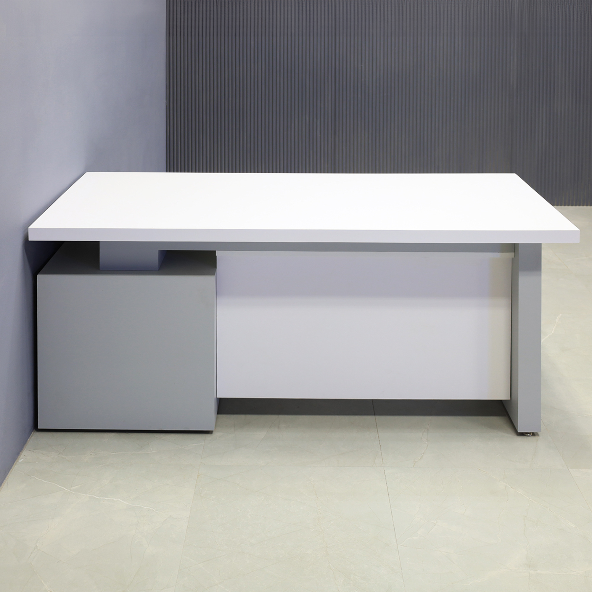 72-inch Avenue Straight Executive Desk with cabinet on the right side when sitting, with white matte laminate top & privacy panel, and fog gray matte laminate base & cabinet, shown here.