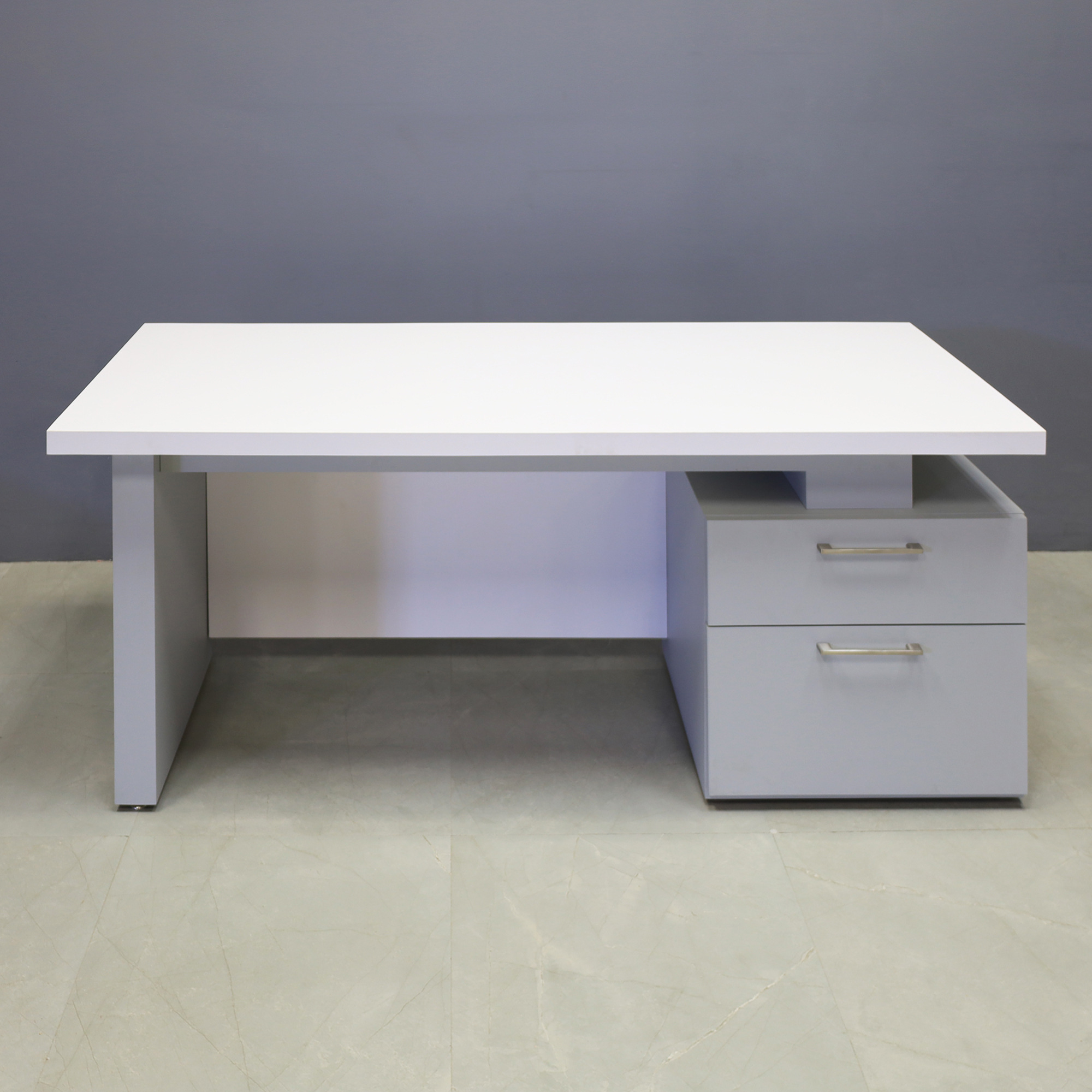 72-inch Avenue Straight Executive Desk in white matte laminate top and privacy panel, and light gray pvc base & storage on the right side when sitting, shown here.