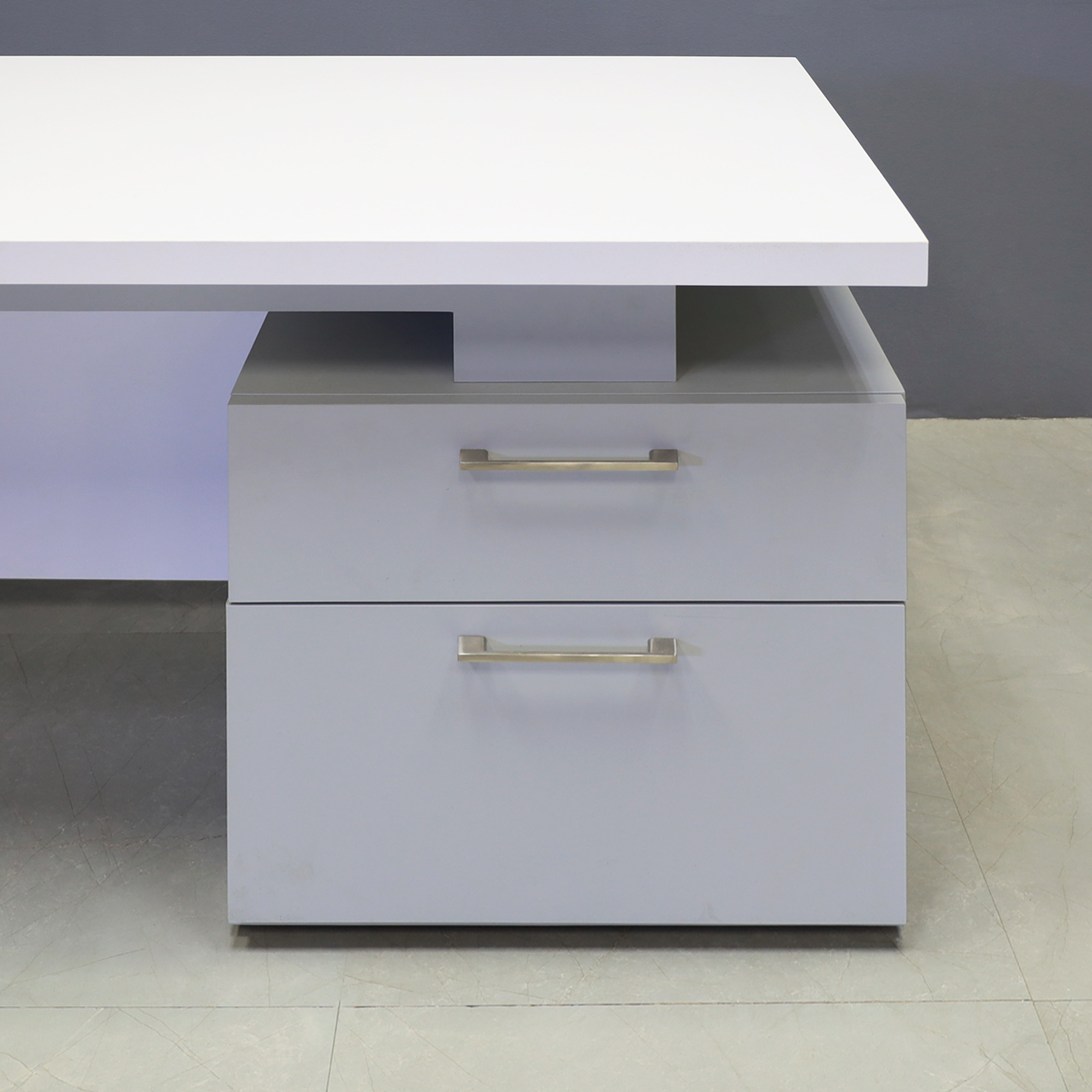 72-inch Avenue Straight Executive Desk in white matte laminate top and privacy panel, and light gray pvc base & storage on the right side when sitting.