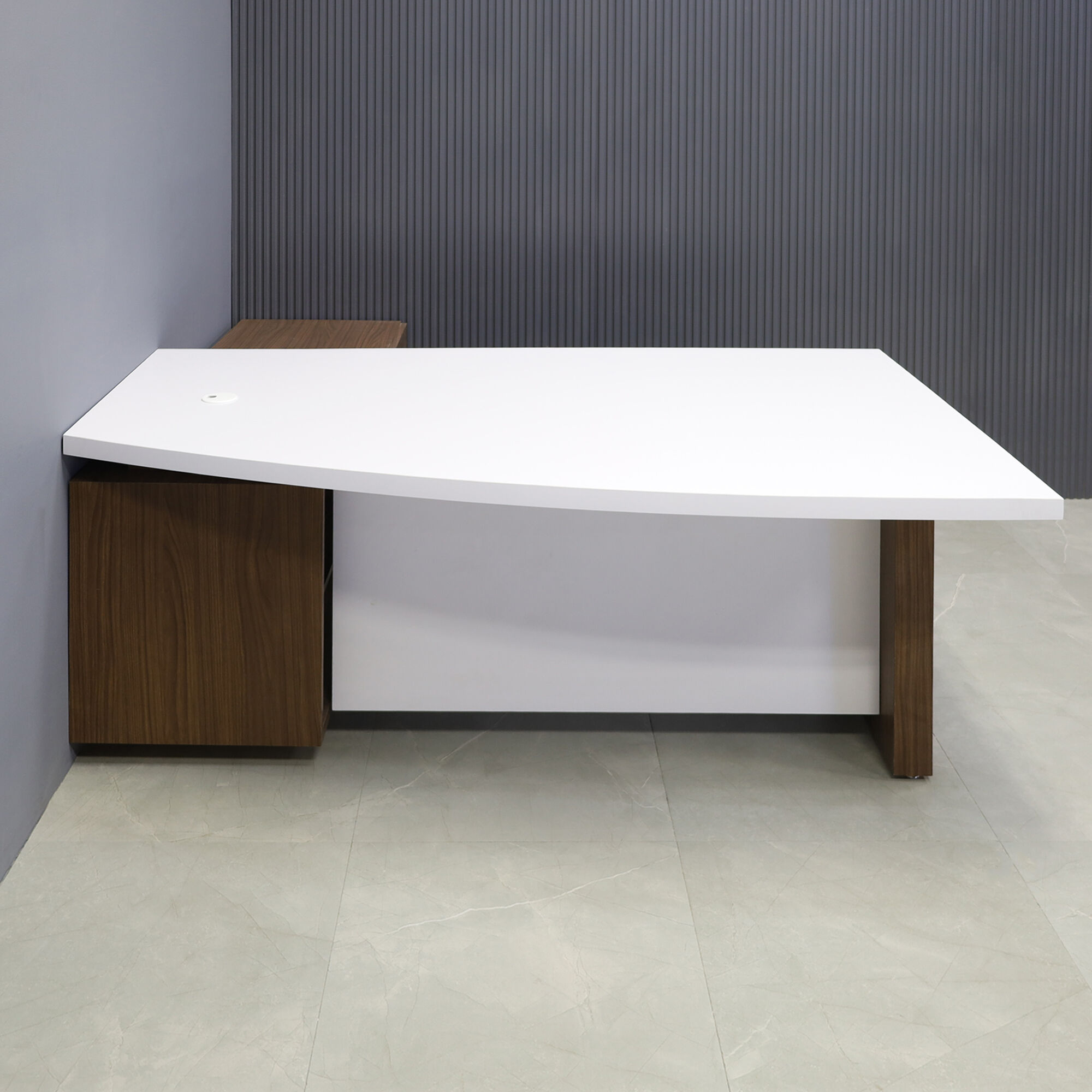 72-inch Avenue Curved Executive Desk w/ Credenza in black stone PVC top and white gloss laminate base, credenza and privacy panel, shown here.