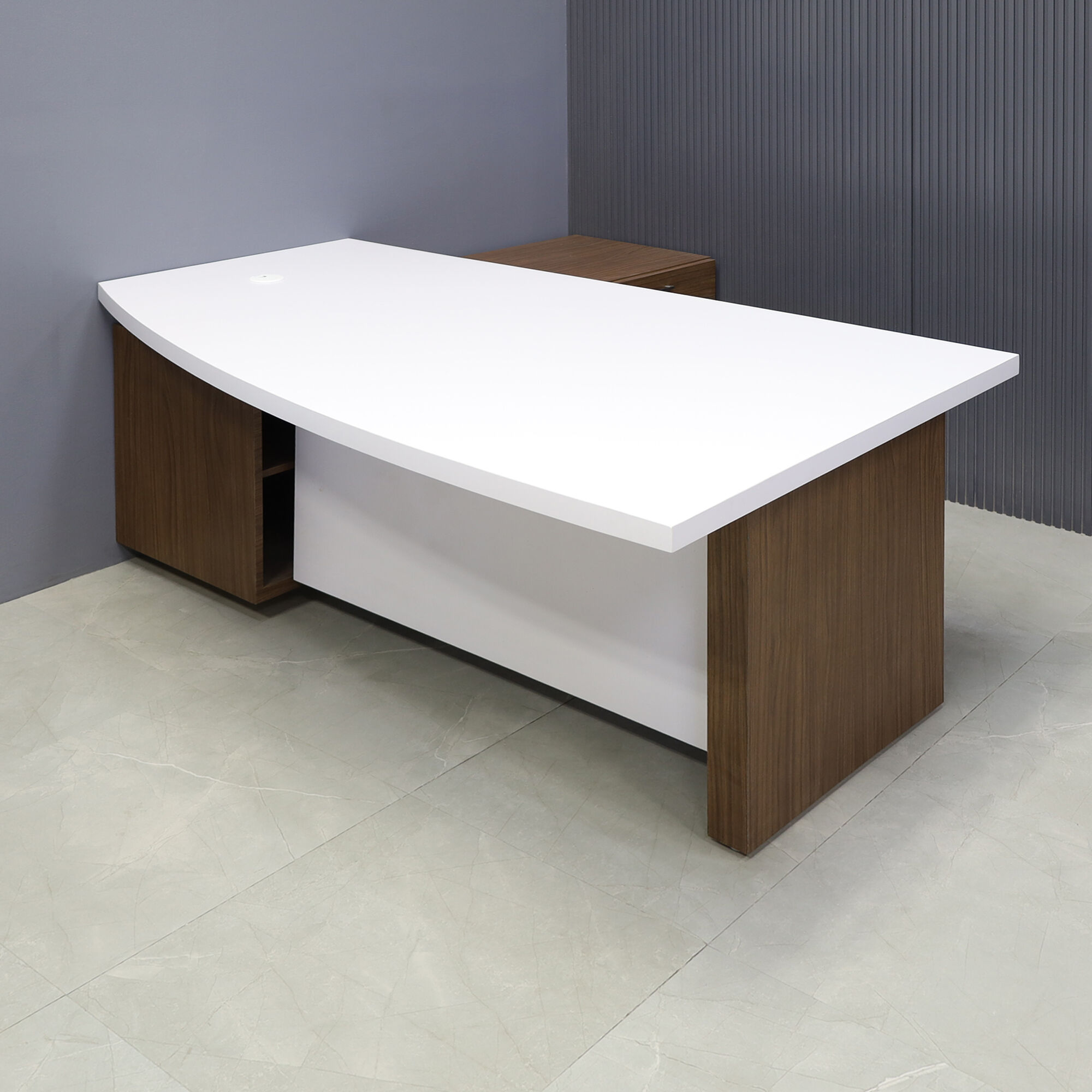 72-inch Avenue Curved Executive Desk w/ Credenza in black stone PVC top and white gloss laminate base, credenza and privacy panel, shown here.