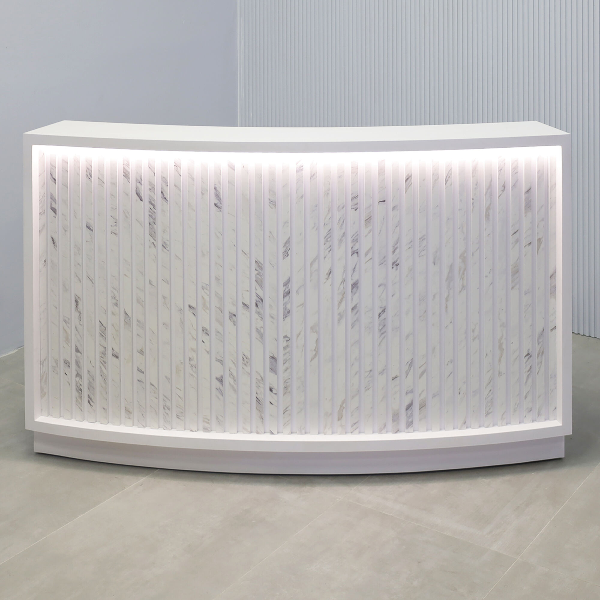 72-inch Seattle X2 Reception Desk in White matte laminate workspace and Engineered Surface Slats, Warm White LED.