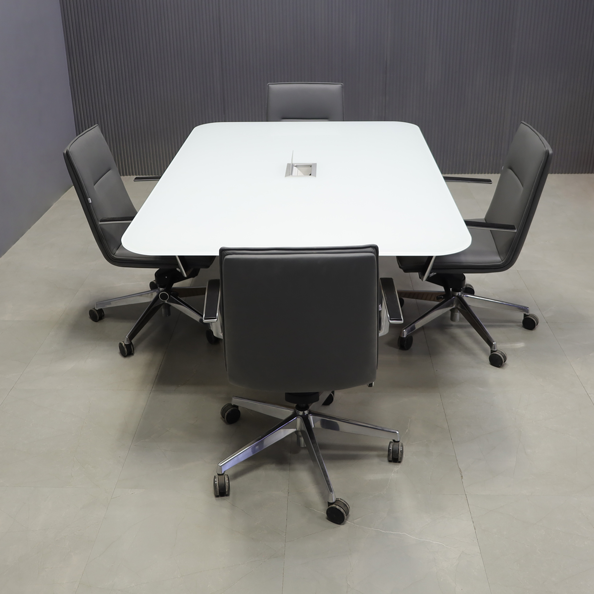 120-inch Omaha Racetrack Conference Table X2 with White Tempered glass top, Maple tambour X2 base, and two silver Mx3 power box.