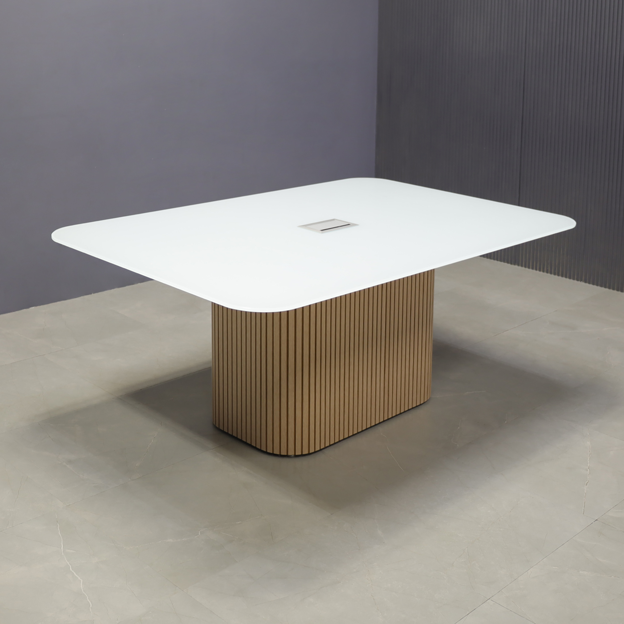 120-inch Omaha Racetrack Conference Table X2 with White Tempered glass top, Maple tambour X2 base, and two silver Mx3 power box.