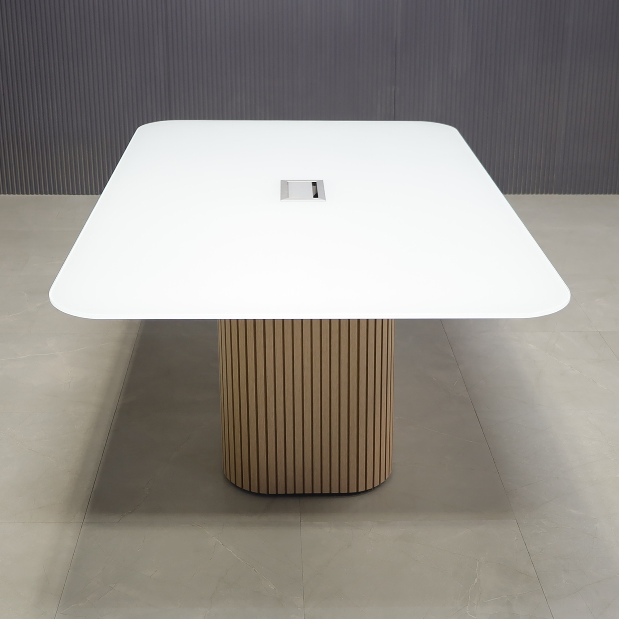 120-inch Omaha Racetrack Conference Table X2 with White Tempered glass top, Maple tambour X2 base, and two silver Mx3 power box.