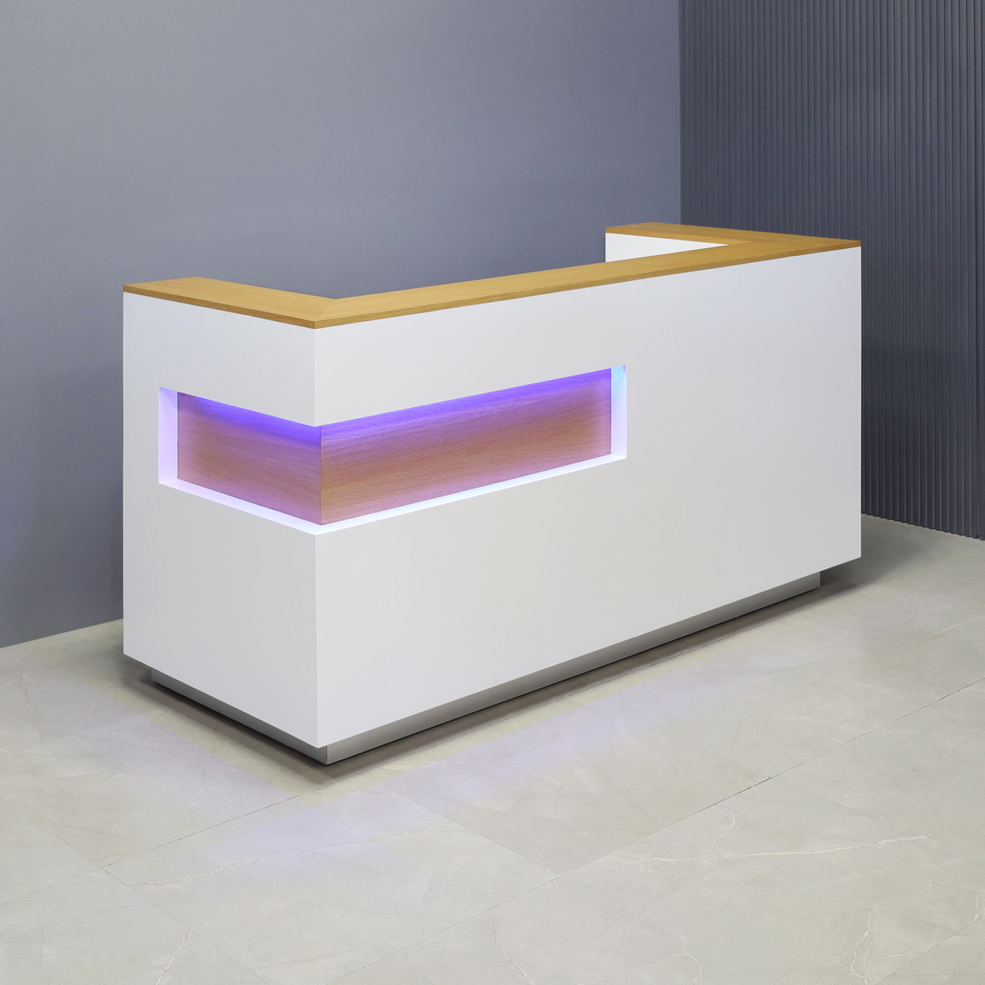 72-inch Manhattan U-Shape Custom Reception Desk in DISCONTINUED veneer accent panel & top counter, white matte laminate main desk, and color changing LED.