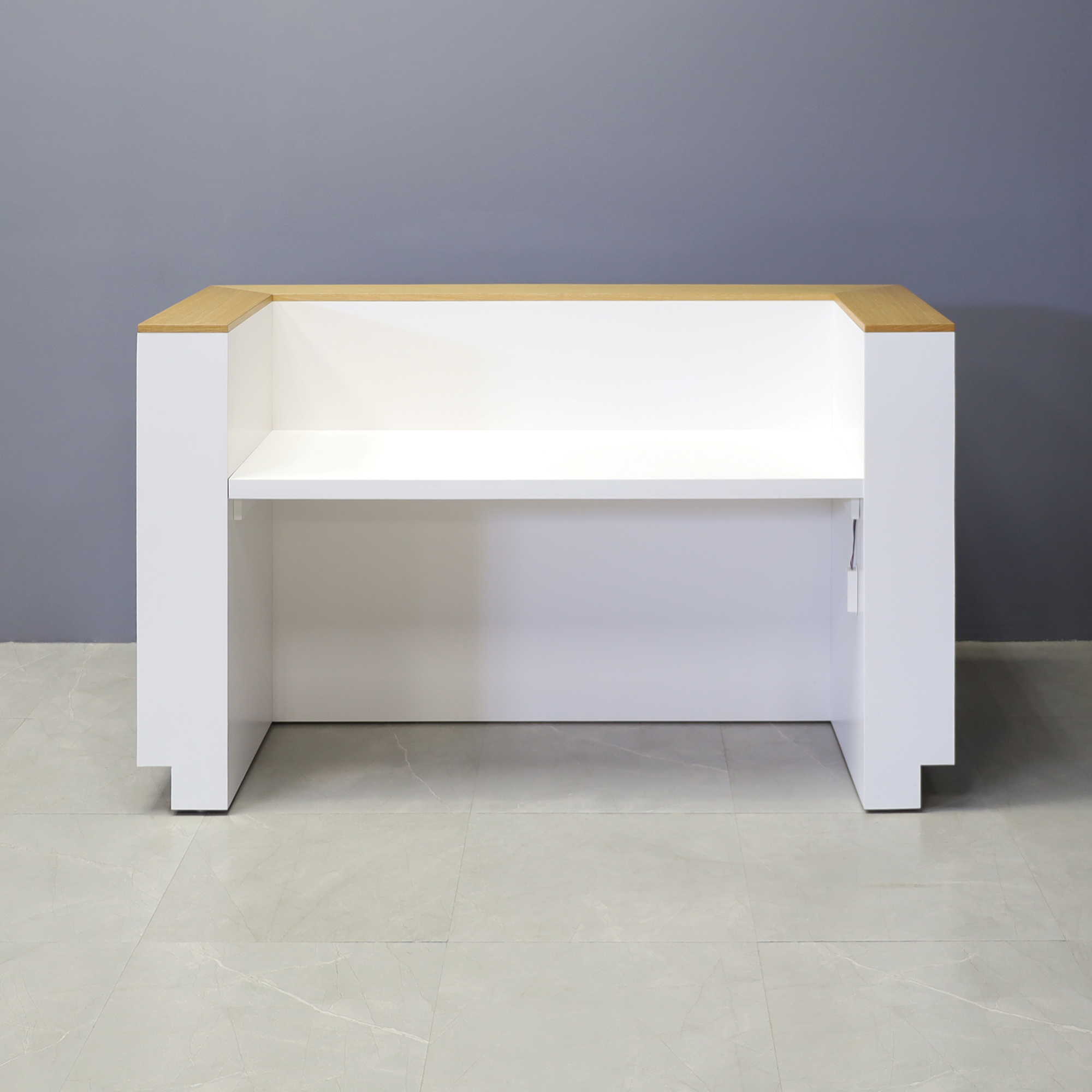 72-inch Manhattan U-Shape Custom Reception Desk in white oak veneer accent panel and top counter, and white matte laminate main desk, with color LED, shown here.