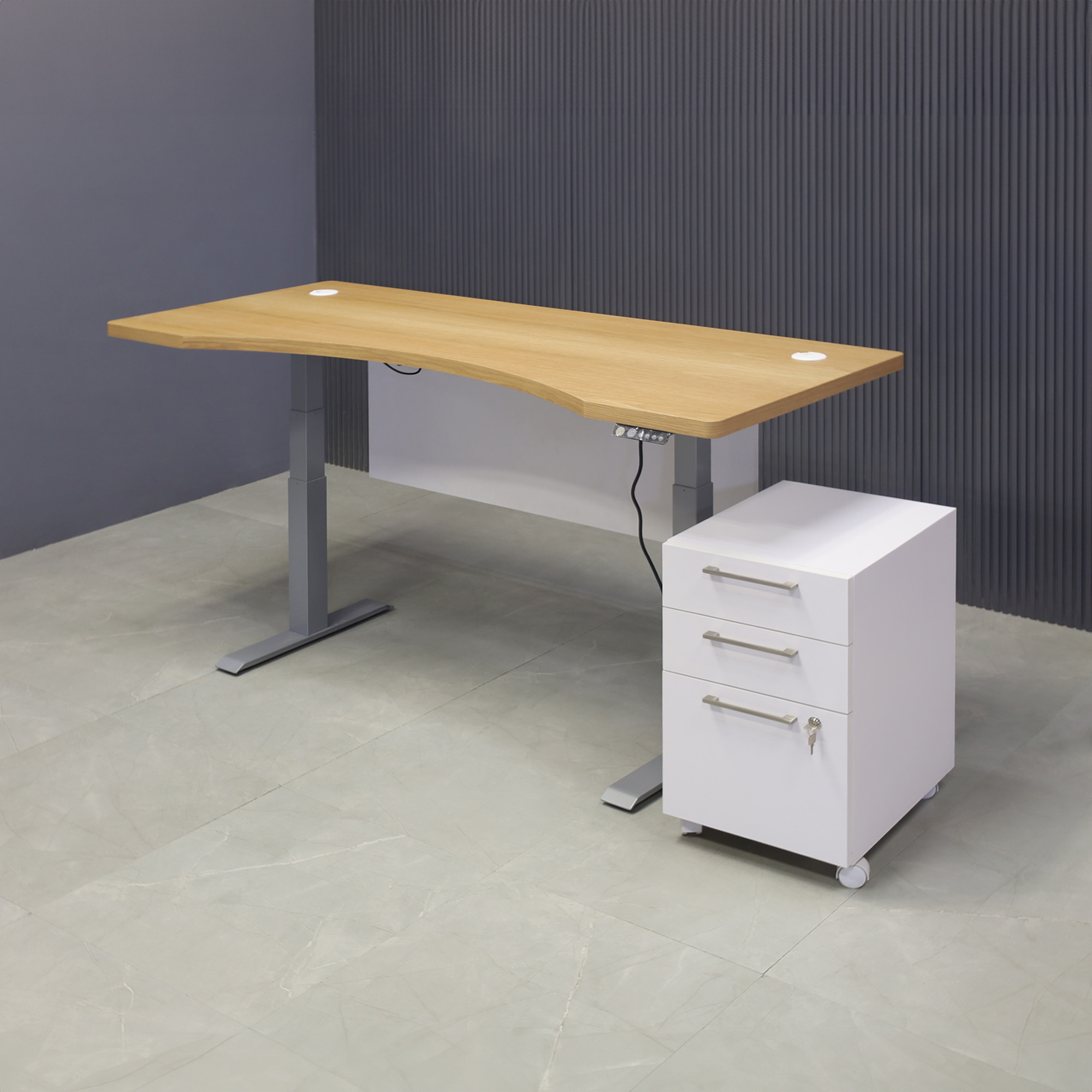72-inch aXis Sit-stand Executive Desk in white oak veneer top, white matte laminate privacy panel and silver metal legs, with a white matte laminate mobile cabinet, shown here.