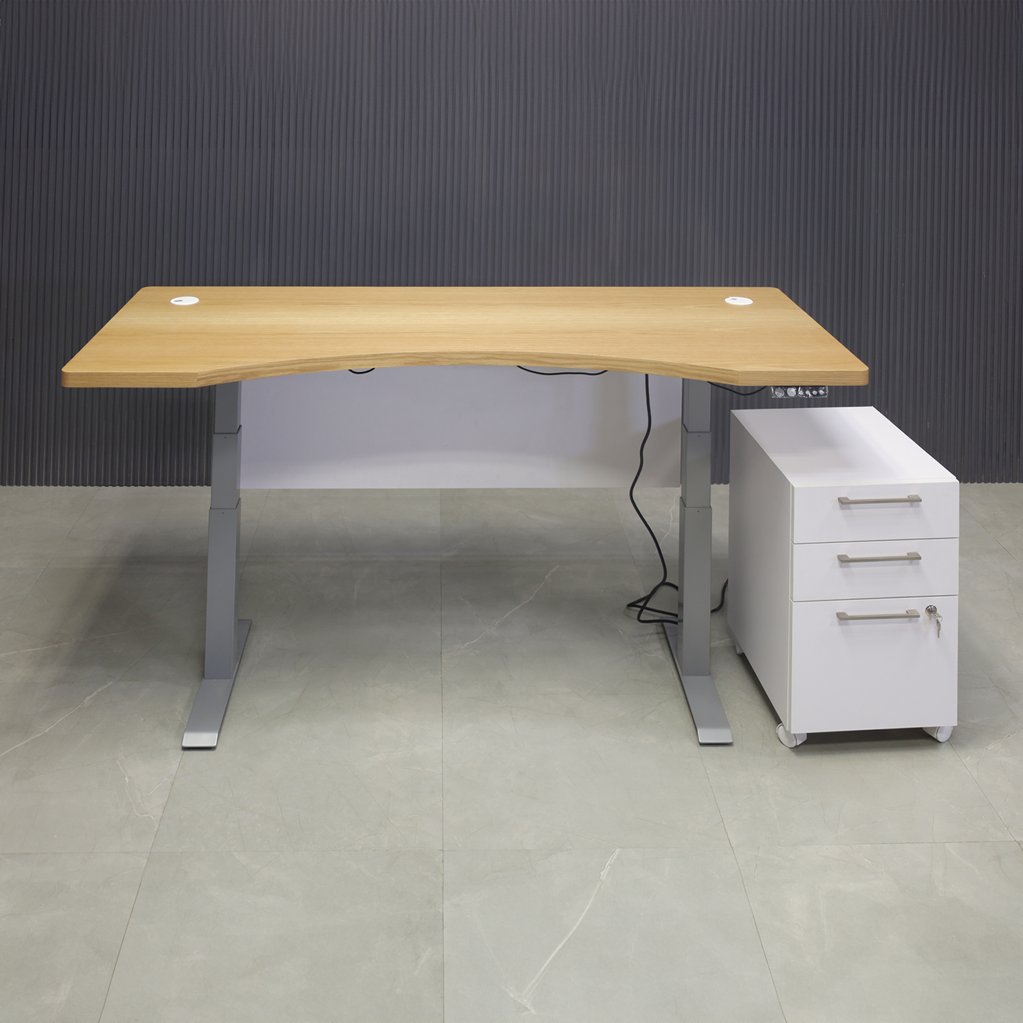 72-inch aXis Sit-stand Executive Desk with white oak veneer laminate top, white matte laminate privacy panel and silver metal legs, shown here.