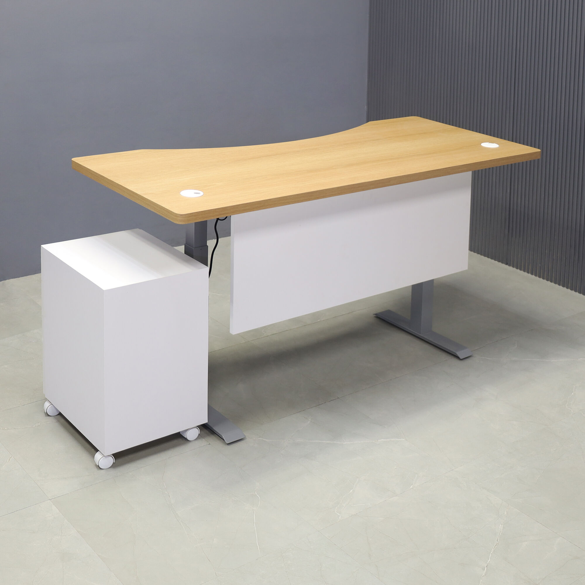 72-inch aXis Sit-stand Executive Desk with white oak veneer laminate top, white matte laminate privacy panel, and silver metal legs, shown here.