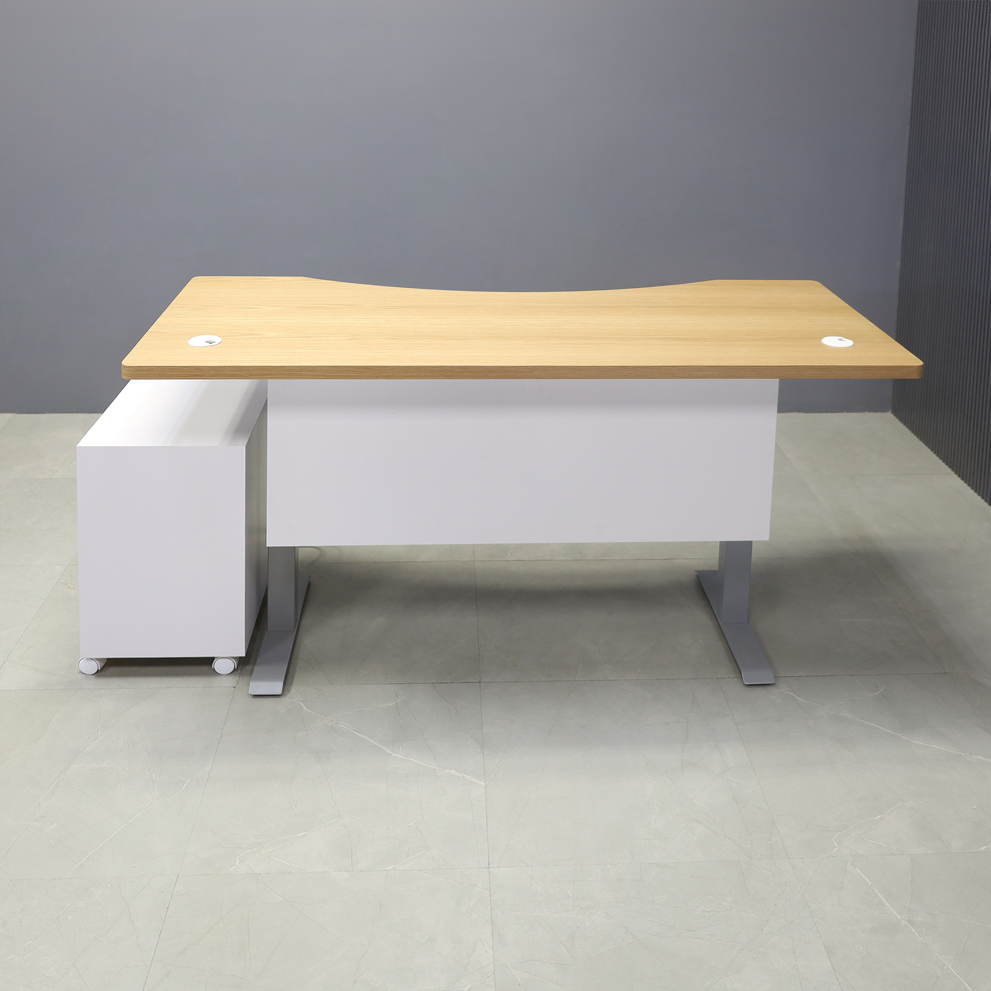 72-inch aXis Sit-stand Executive Desk in white oak veneer top, white matte laminate privacy panel and silver metal legs, with a white matte laminate mobile cabinet, shown here.
