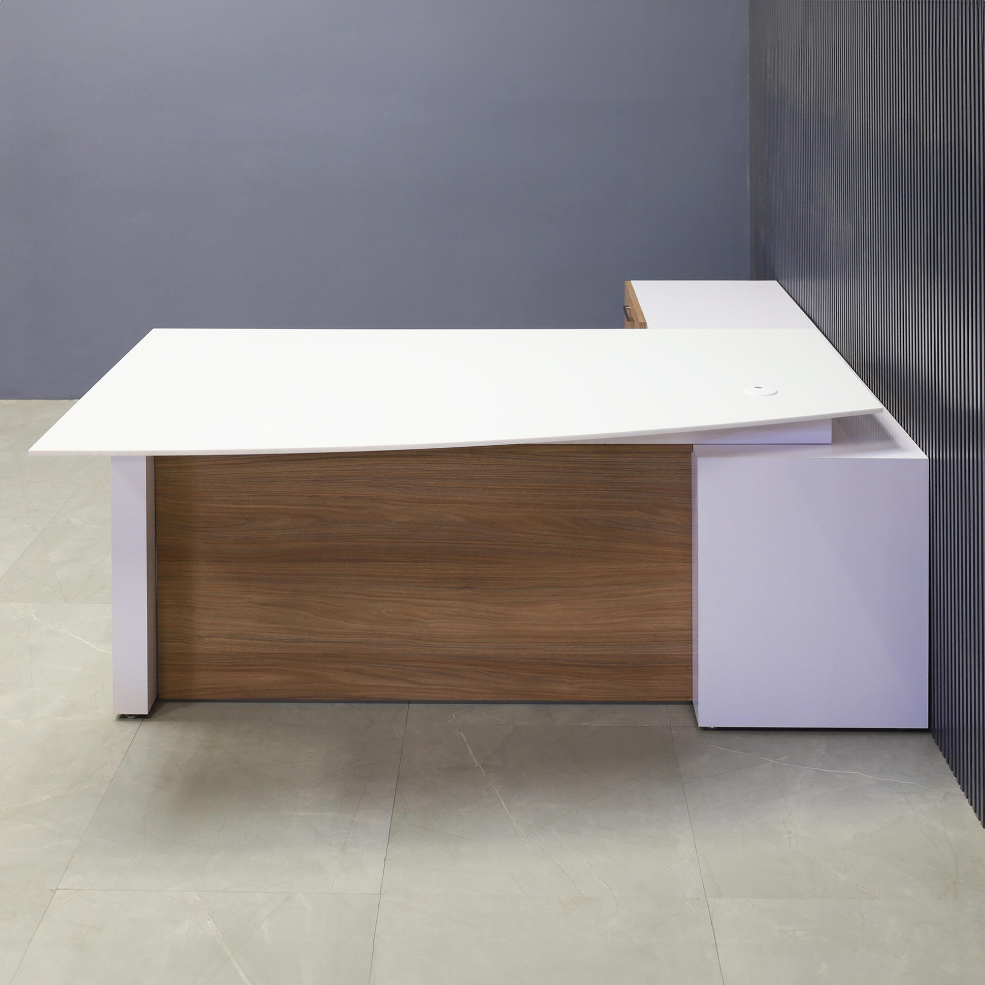 72-inch Avenue Curved Executive Desk with Credenza in 1/2-inch white solid engineered surface top, white gloss laminate credenza & leg, and uptown walnut matte laminate privacy panel and front drawers.