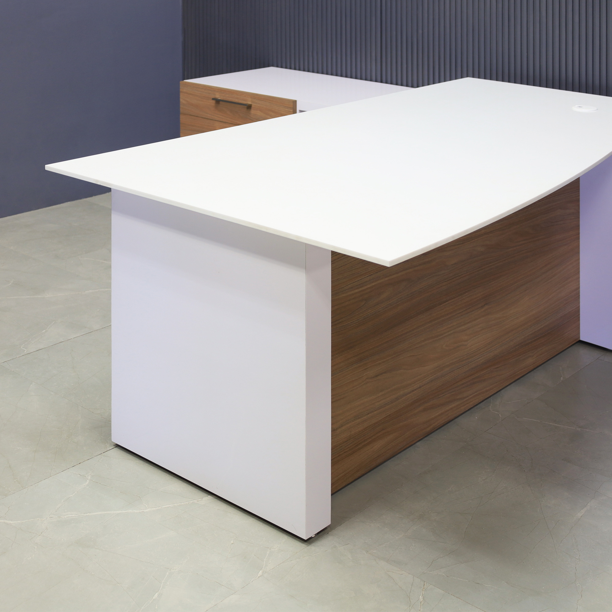 72-inch Avenue Curved Executive Desk with Credenza in 1/2-inch white solid engineered surface top, white gloss laminate credenza & leg, and uptown walnut matte laminate privacy panel and front drawers.