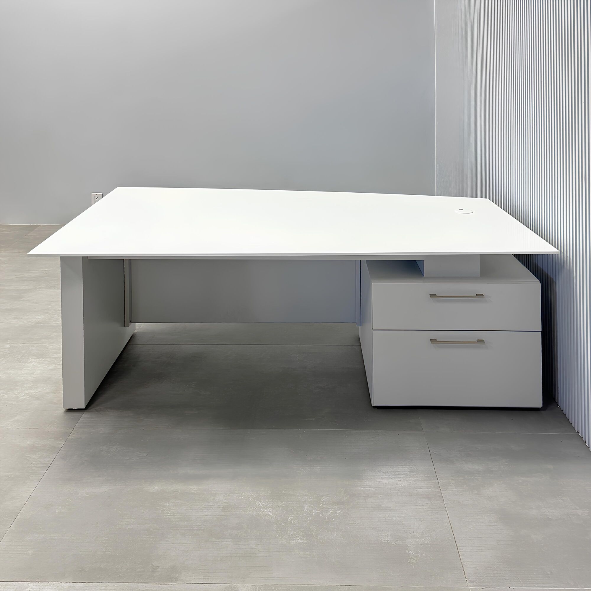 72-inch Avenue Curved Executive Desk with white solid engineered surface top, folkstone gray base & cabinet, and folkstone gray privacy panel.