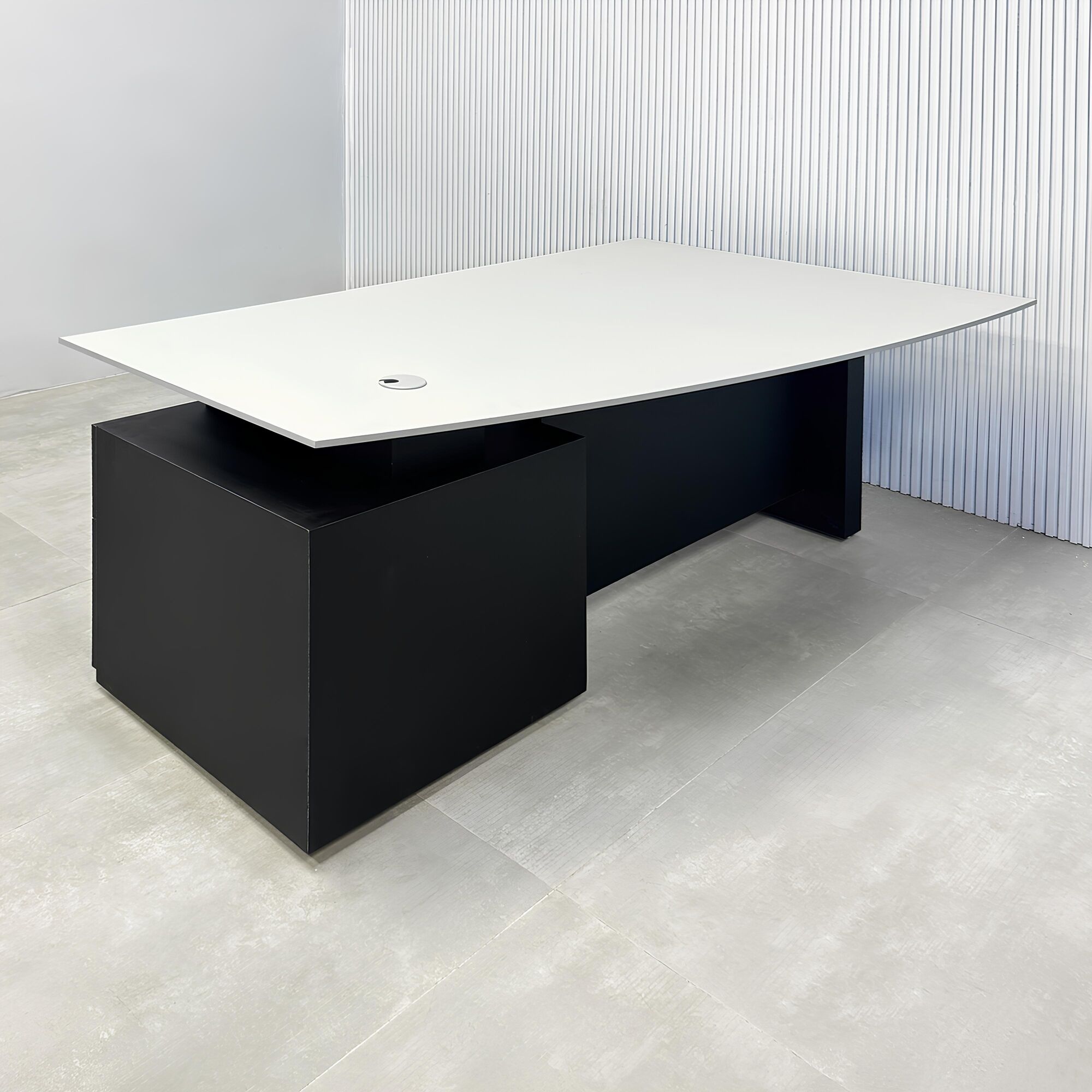 Avenue Straight Executive Desk with light gray traceless engineered surface top, black traceless laminate base & cabinet, and black traceless laminate privacy panel.