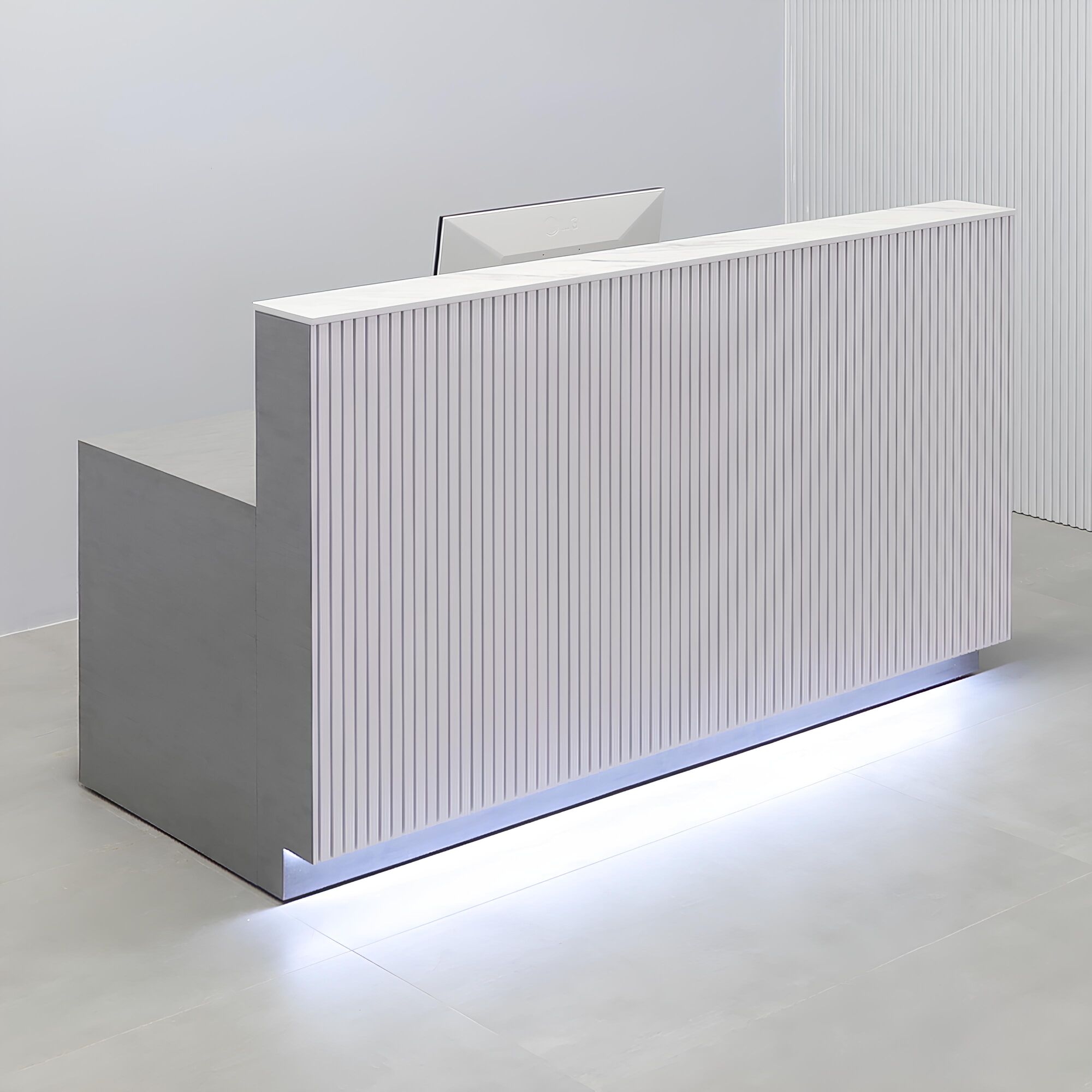 72-inch Dallas Straight Reception Desk with calcutta engineered surface top, white gloss tambour front, silver alchemy laminate workspace & toe-kick.
